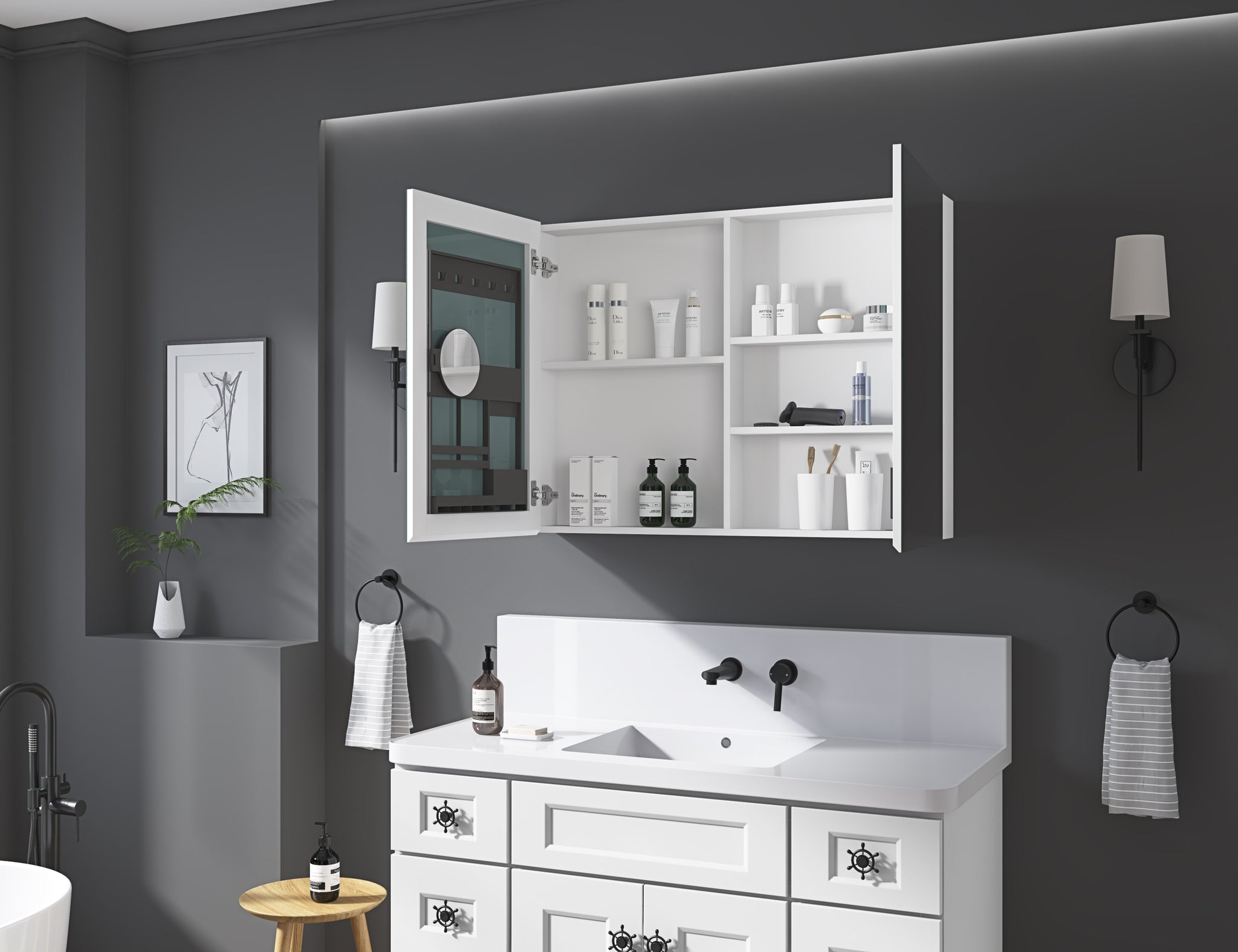 40'' W X 30'' H Surface Frameless Mirror Medicine Cabinet, Beveled Mirror Edges Bathroom Medicine Cabinet White Engineered Wood