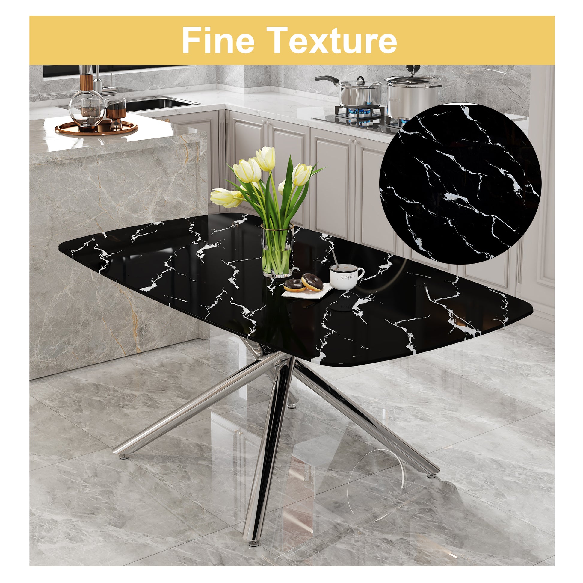 Table And Chair Set.Modern Luxurious Black Marble Patterned Tempered Glass Dining Table Set With Transparent Pp Chairs.8 Multiple Transparent High Quality Pp Dining Chairs With Silver Legs. Black