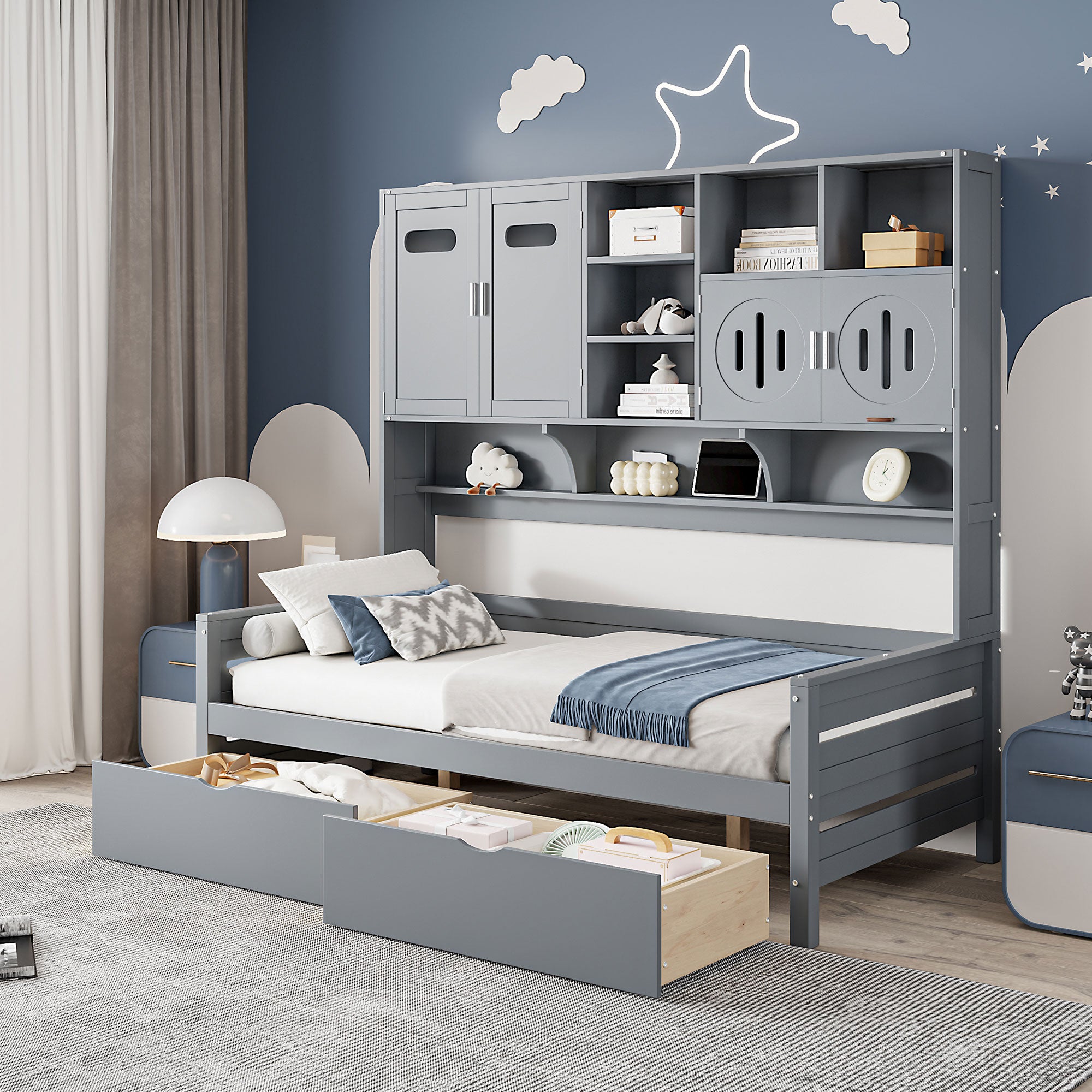 Twin Size Wooden Daybed With 2 Drawers, And All In One Cabinet And Shelf, Gray Twin Gray Wood