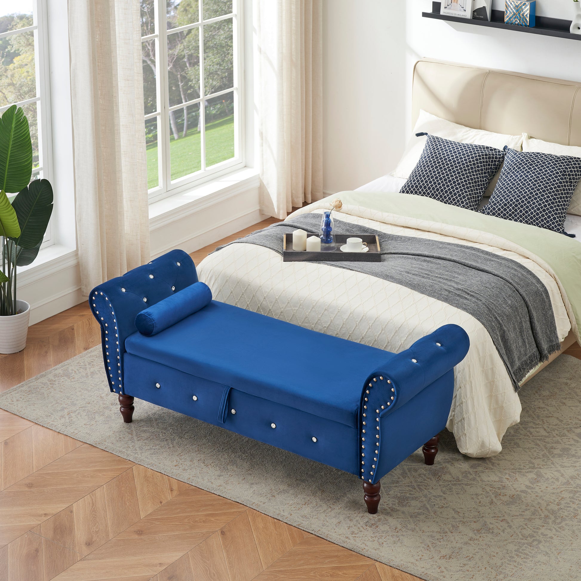 63.38"Velvet Multifunctional Storage Rectangular Ottoman Bench Comes With Crystal Buckle Solid Wood Legs With 1 Pillow,Blue Blue Velvet