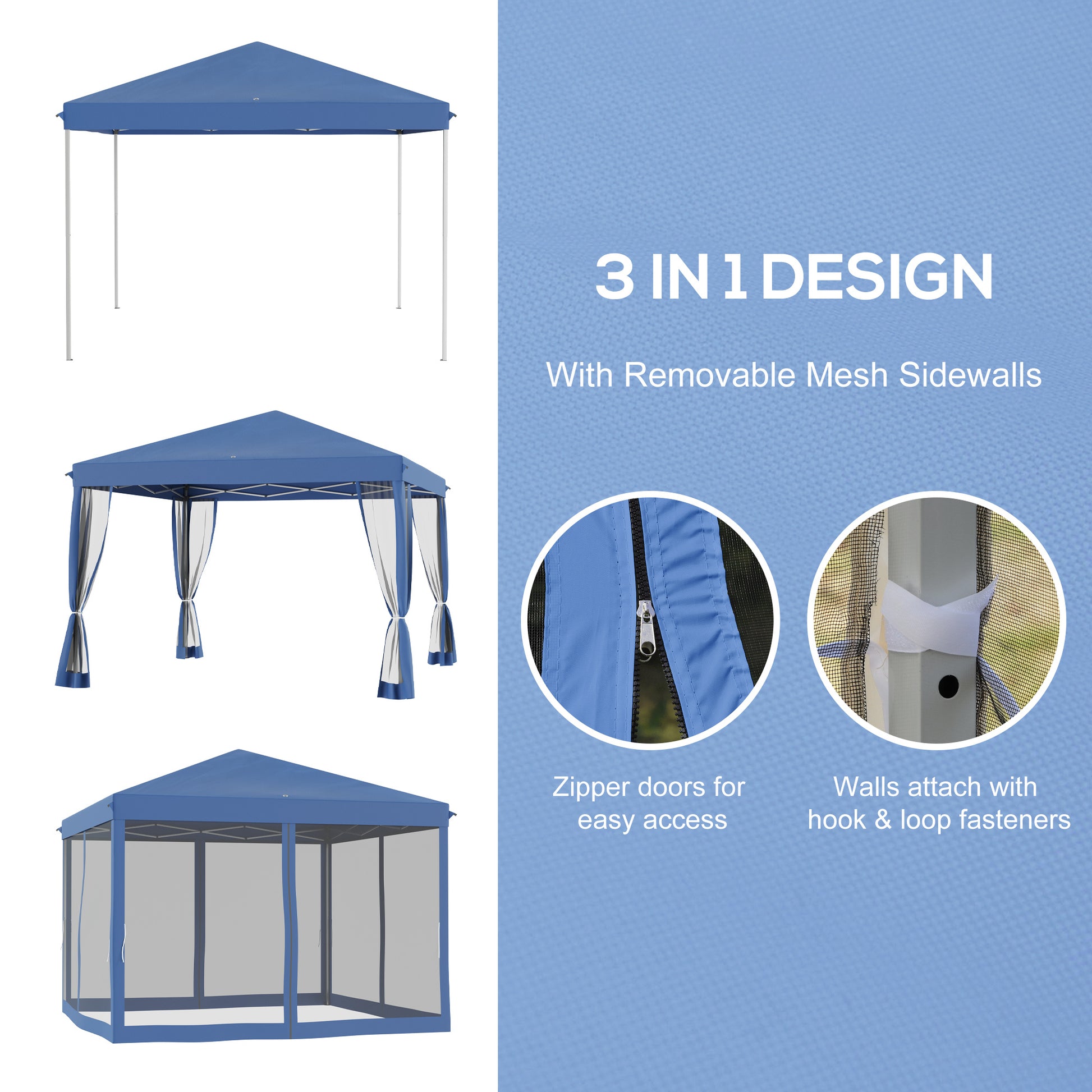 Outsunny 10' X 10' Pop Up Canopy Tent With Netting, Instant Gazebo, Ez Up Screen House Room With Carry Bag, Height Adjustable, For Outdoor, Garden, Patio, Blue Blue Steel