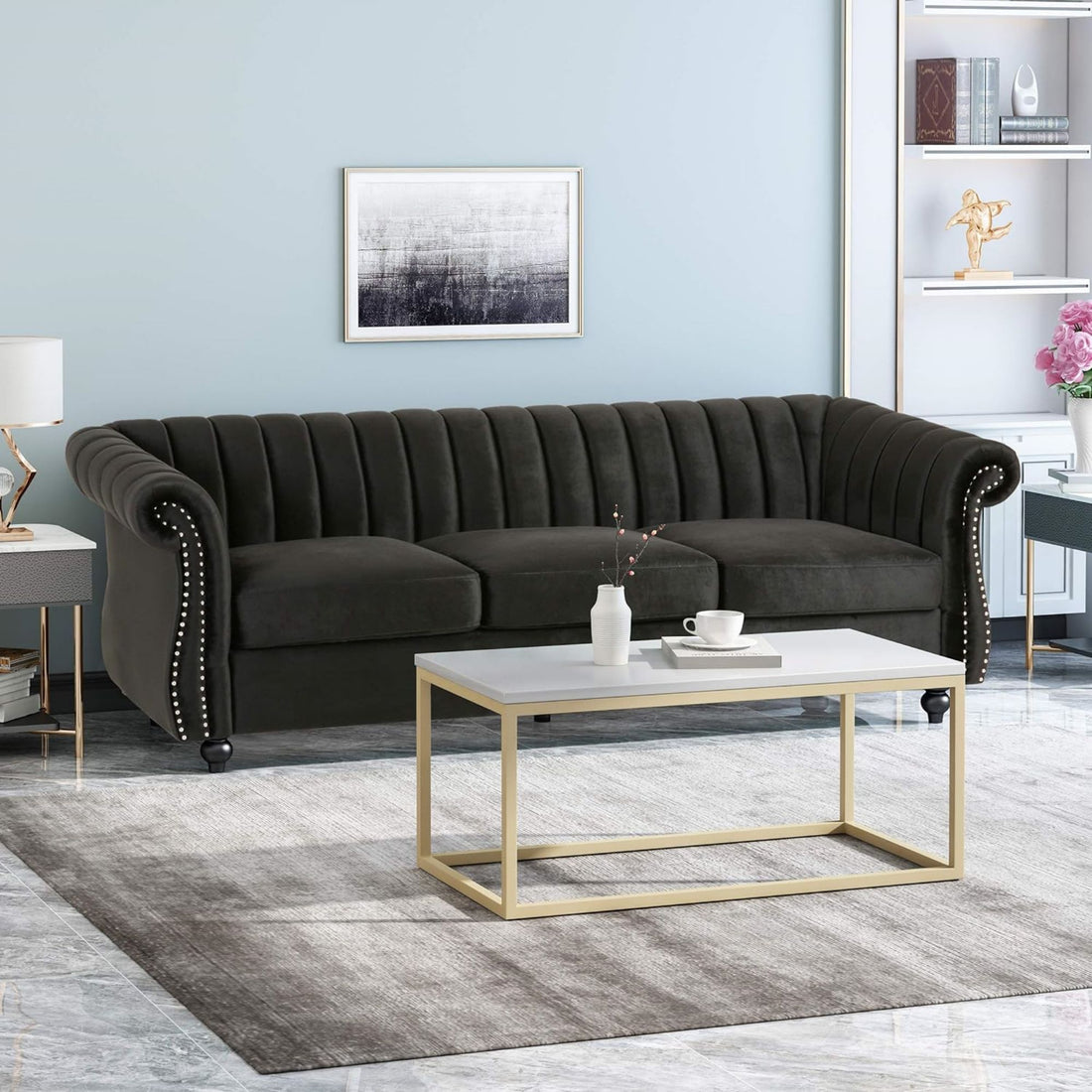 84 Inch Black 3 Seater Velvet Sofa Button Tufted With Trim, Curved Backrest, And Rolled Arms, Stylish And Elegant Couch For Modern Living Rooms, Durable Upholstery, Luxury Design Black Velvet Wood Primary Living Space Medium Firm Loose Back Medium Duty