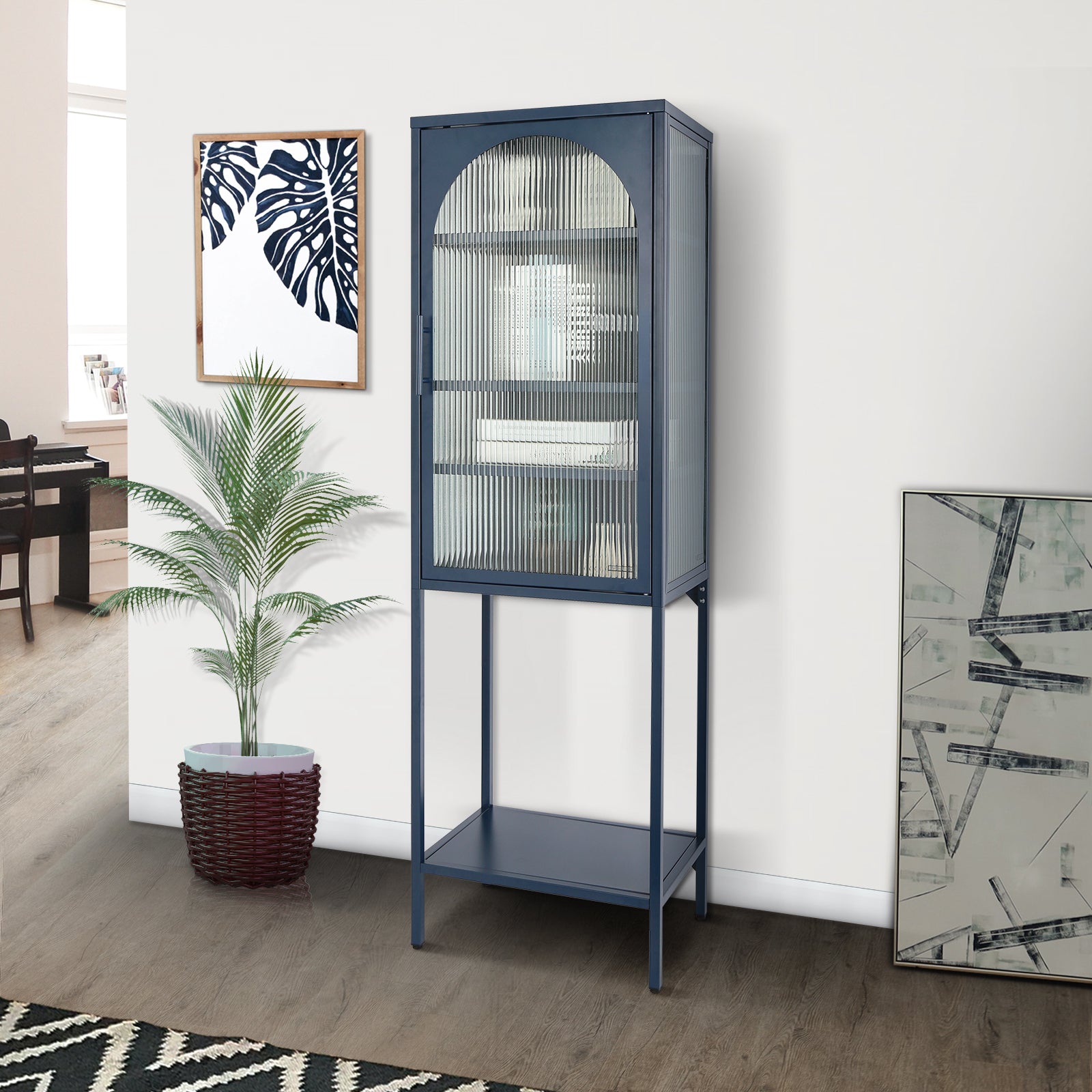 Stylish Tempered Glass High Cabinet With Arched Door Adjustable Shelves And Feet Anti Tip Dust Free Fluted Glass Kitchen Credenza Blue Blue Tempered Glass Sheet Metal Plastic