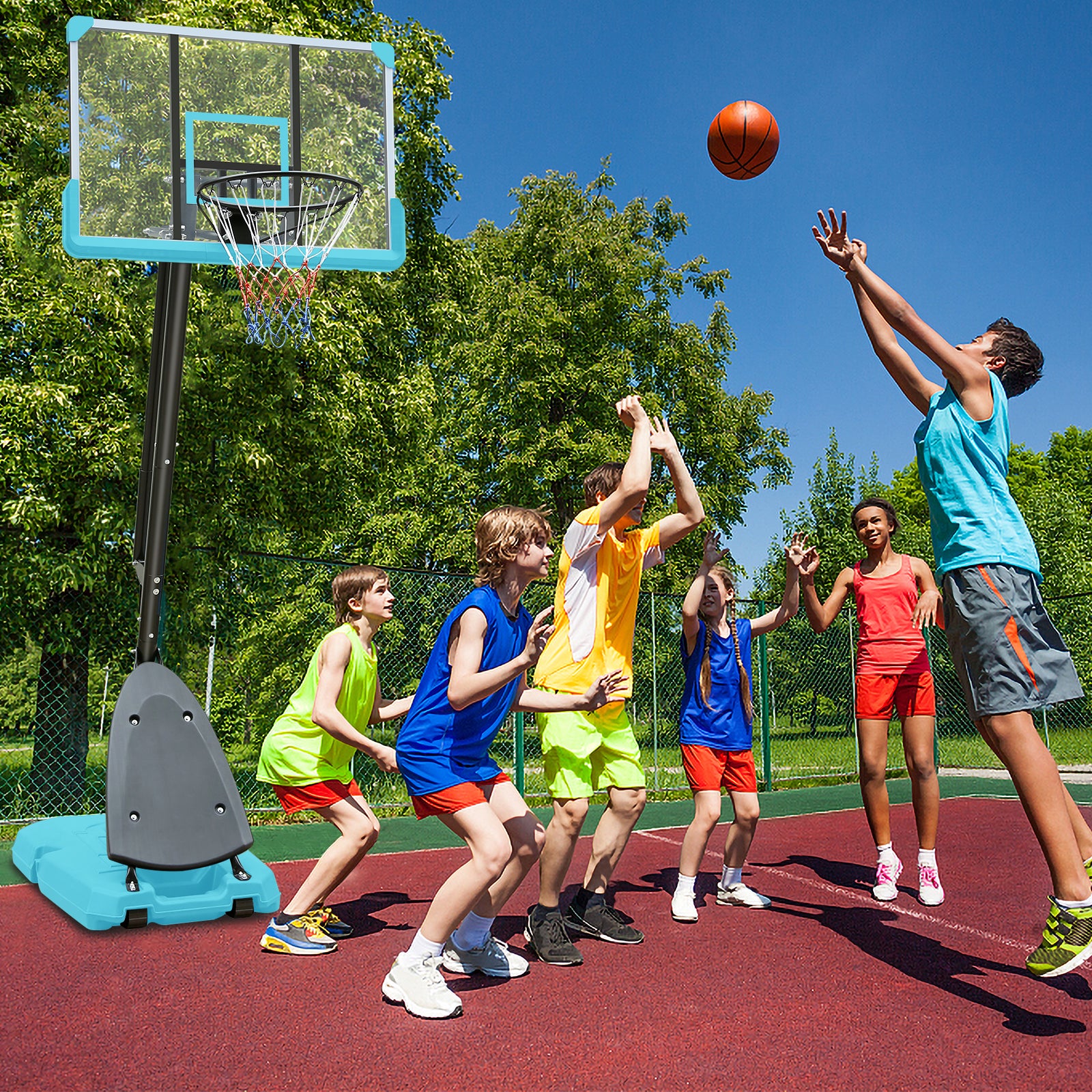 Height Adjustable 7 To 10Ft Basketball Hoop 44 Inch Backboard Portable Basketball Goal System With Blue Stable Base And Wheels, Use For Outdoor Balls Sports Black Blue Portable Garden & Outdoor Training Support Iron