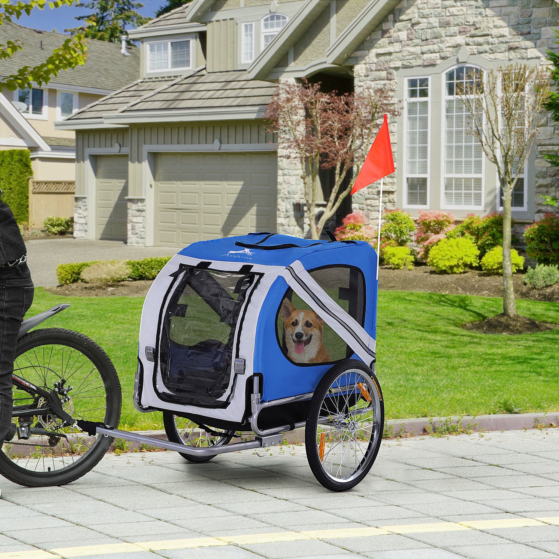Aosom Dog Bike Trailer Pet Cart Bicycle Wagon Cargo Carrier Attachment For Travel With 3 Entrances Large Wheels For Off Road & Mesh Screen Light Blue White White Steel