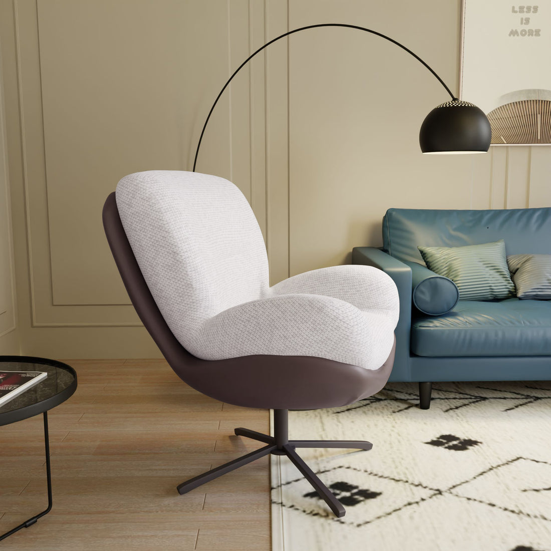 360 Swivel Accent Chair, Modern Chenille Lounge Chair With Faux Leather And Black Metal Base Frame, Comfortable Reading Chair For Small Spaces, Living Room, Bedroom, Reading Corner, Office White Brown White Brown Primary Living Space Art