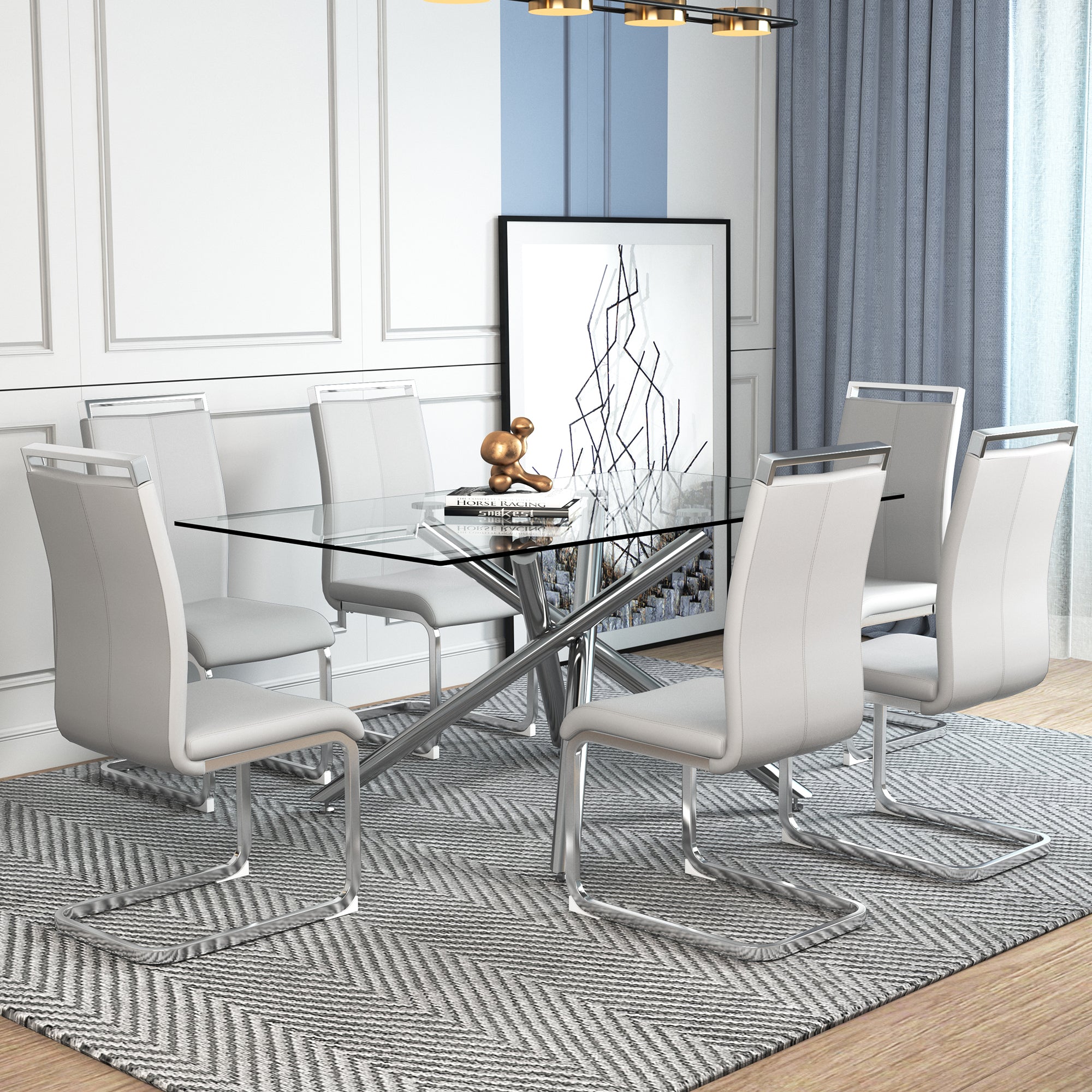 Table And Chair Set.Modern Luxurious Transparent Tempered Glass Dining Table Set.Paried With 6 Light Gray Chairs With Pu Cushion And Silver C Tube Metal Legs. Light Gray,Transparent Seats 6 Glass