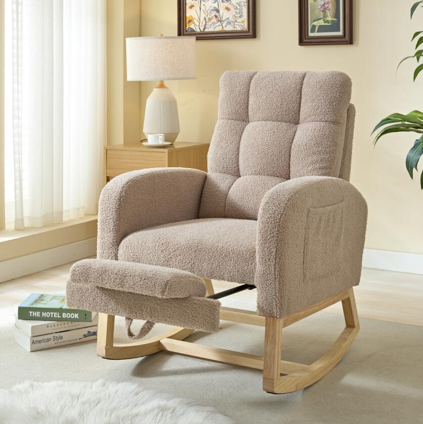 Modern Accent Rocking Chair With Solid Wood Legs, Adjustable Footrest,Comfy Armchair With Side Pocket, Living Room Lounge Arm Chair With High Backrest Gray Polyester Blend