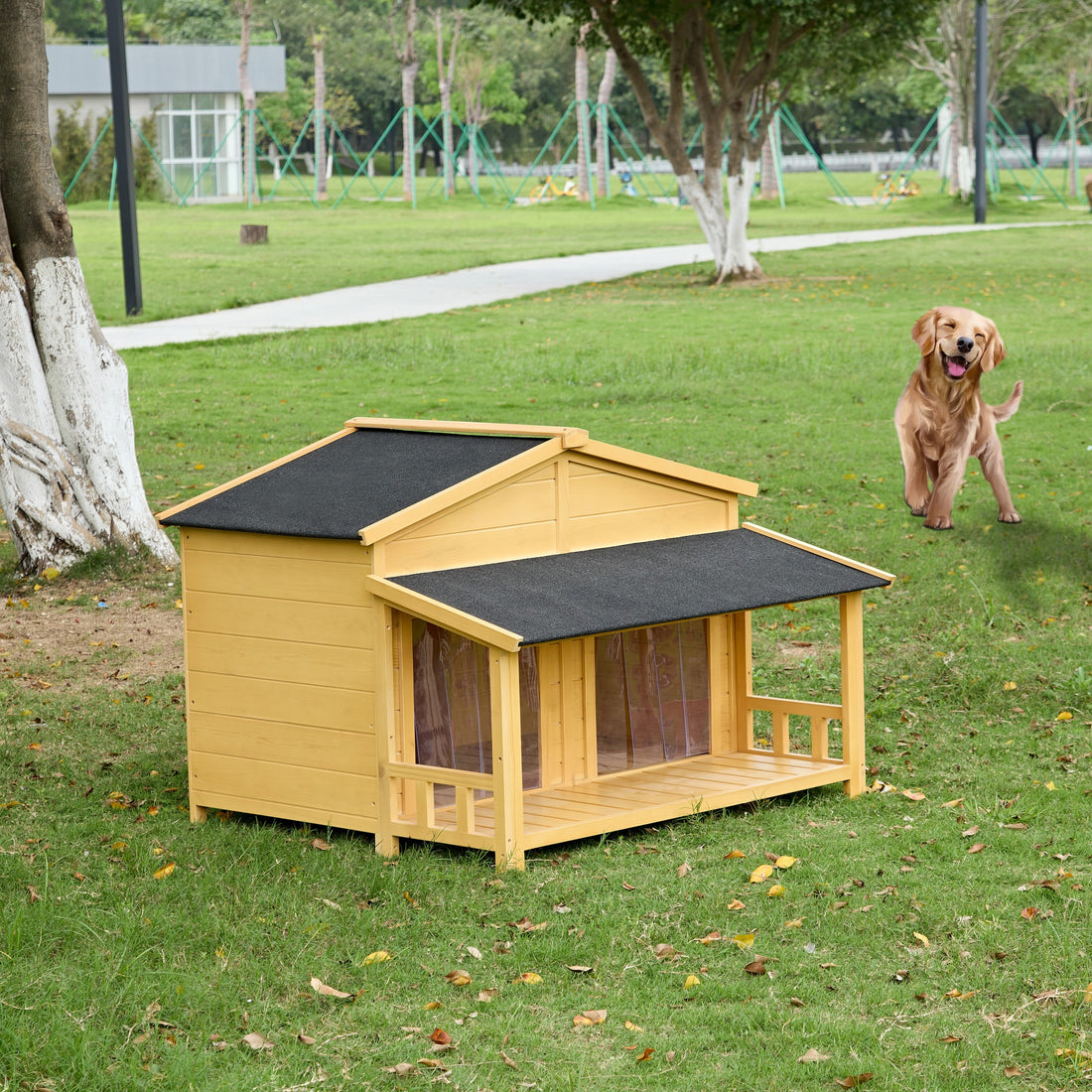 Dog House, Waterproof Dog Cage Kennel, Wooden Outdoor And Indoor Dog House, Raised Pet Kennel For Medium Dogs, Log Cabin Style With Porch,Elevated Floor,Asphalt Roof, 2 Doors, Pine Wood Natural Natural Dog Medium 26 40 Lbs Pine