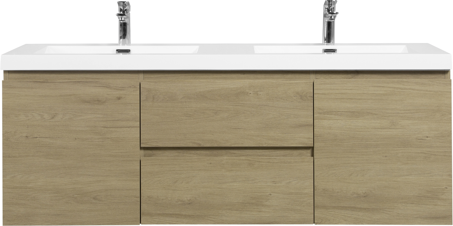 60" Floating Bathroom Vanity With Sink, Modern Wall Mounted Bathroom Storage Vanity Cabinet With Double Resin Top Basins And Soft Close Drawers, Natural Oak 24V11 60Dno 2 Oak 2 Bathroom Wall Mounted