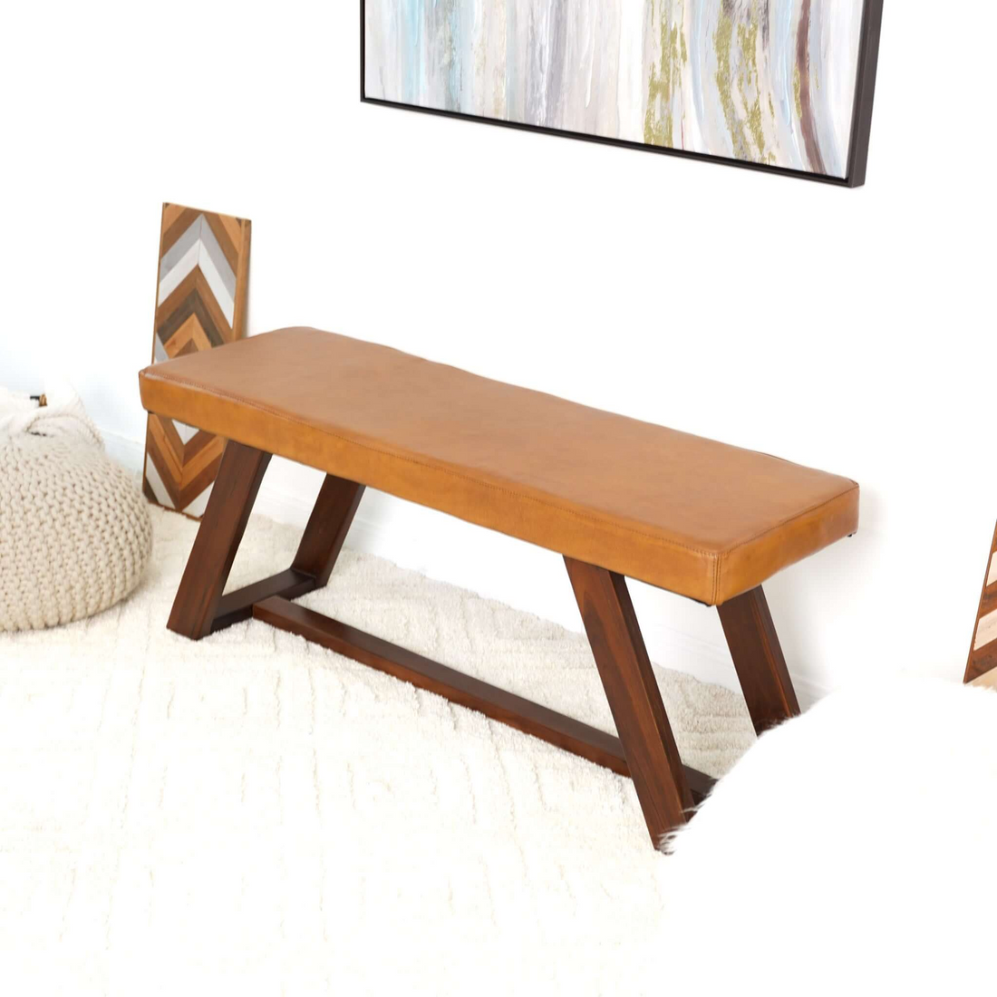 Marley Genuine Leather Bench In Tan Amber Abs