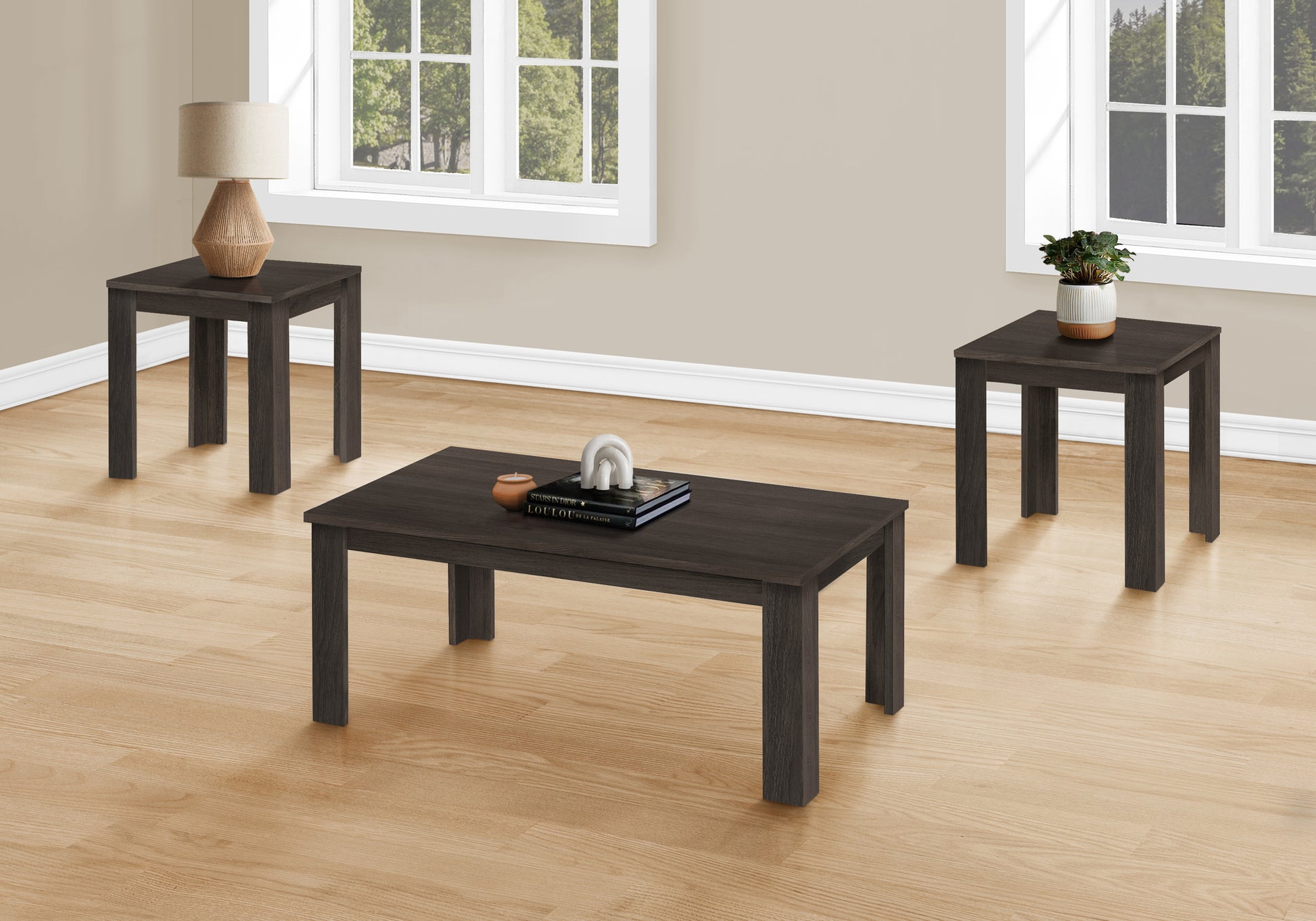 Table Set, 3Pcs Set, Coffee, End, Side, Accent, Living Room, Brown Laminate, Transitional Oak Particle Board