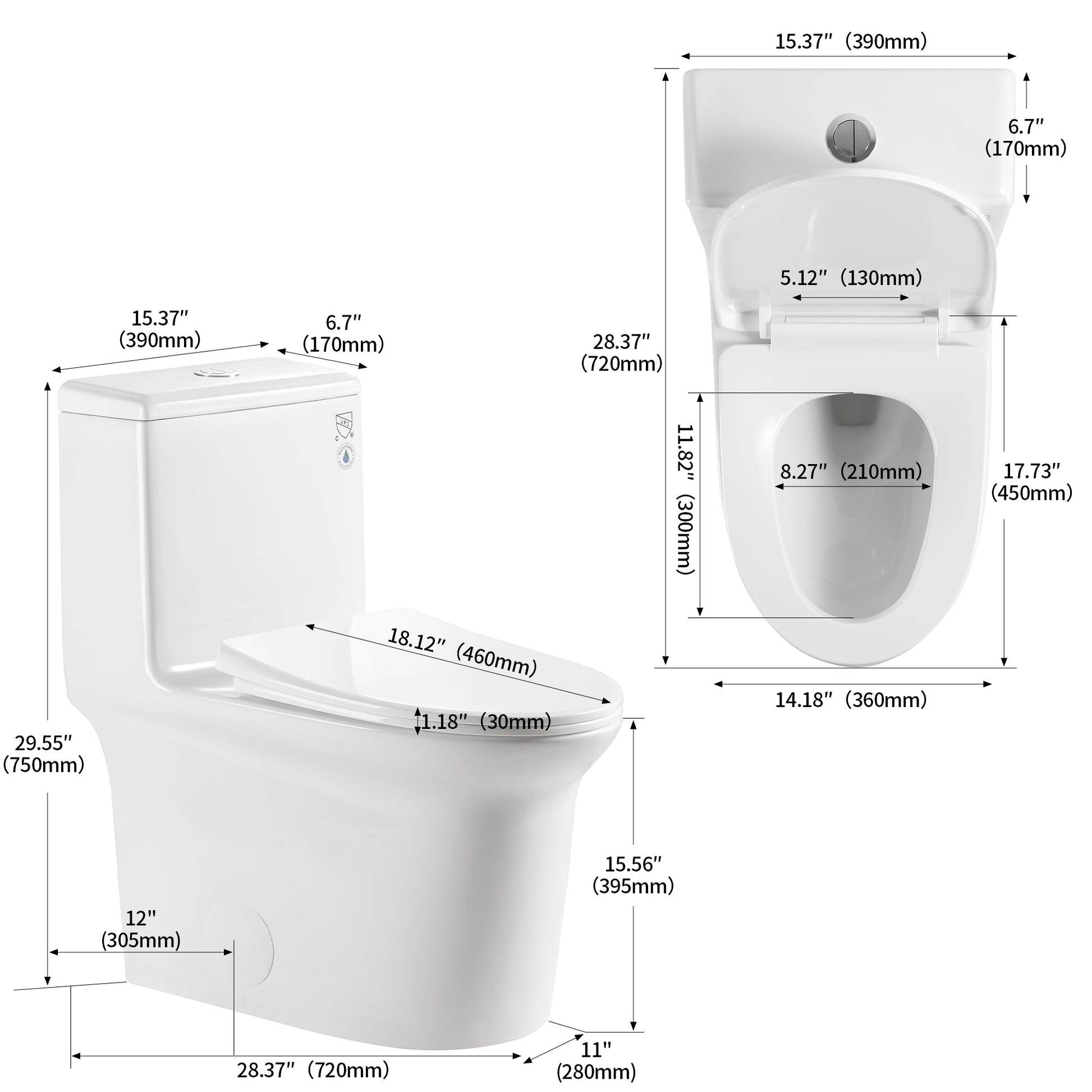 1.1 1.6 Gpf Elongated Comfort Height Super Quite Flushing Floor Mounted One Piece Toilet, Cupc Certified, Watersense Cetified, Ceramic, White Color, Soft Close Seat White Ceramic