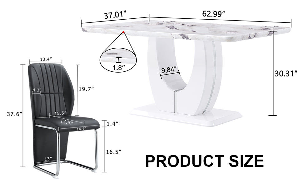 Table And Chair Set, Modern Luxurious White Imitation Marble Pattern Mdf Dining Table,Rectangular Dining Table, Matched With Uniquely Shaped Pu High Backrest Seats,Suitable For Various Occasions. White Black Seats 4 Mdf