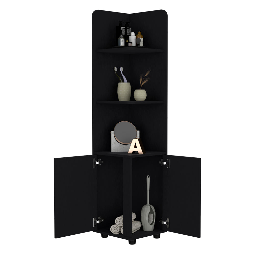 Malibu 62" Tall Double Door Corner Linen Cabinet With Four Shelves Black Black Particle Board