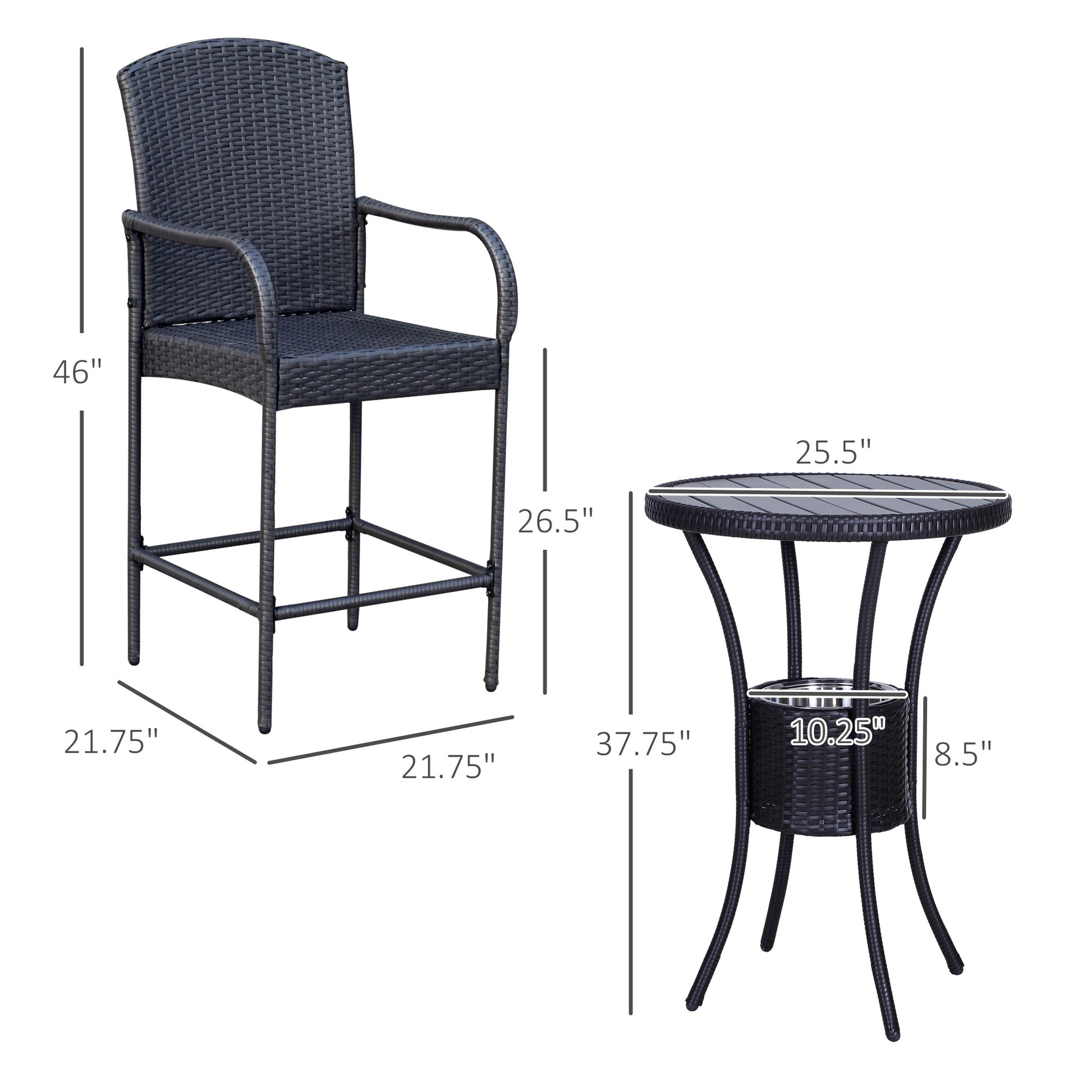 Outsunny Rattan Wicker Bar Set For 3 Pcs With Ice Buckets, Patio Furniture With 1 Bar Table And 2 Bar Stools For Poolside, Backyard, Porches Dark Brown Steel