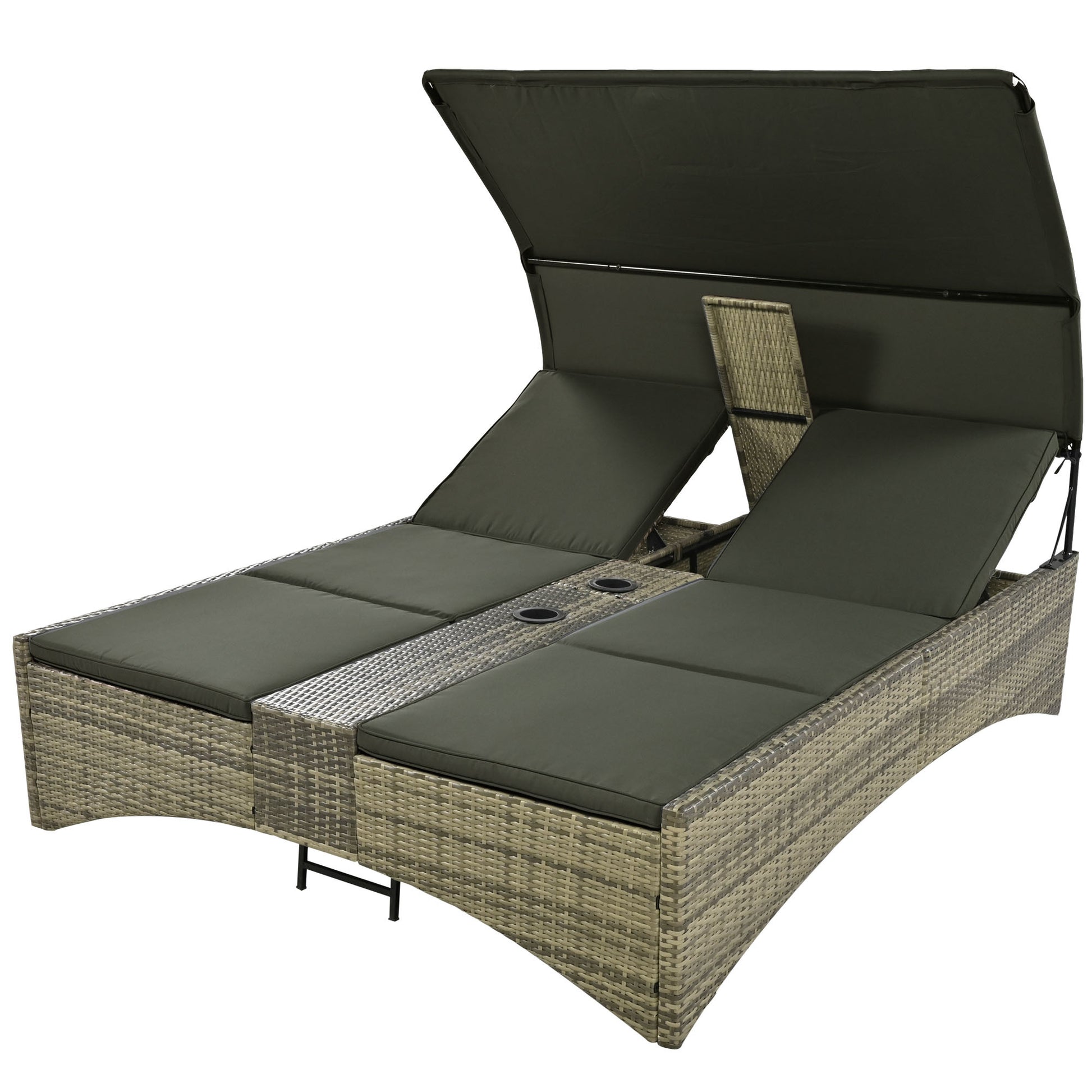 Patio Daybed Outdoor Daybed Outdoor Rattan Sun Lounger With Shelter Roof With Adjustable Backrest, Storage Box And 2 Cup Holders For Patio, Balcony, Poolside,Grey Yes Grey Seats 2 Water Resistant Frame Water Resistant Cushion Garden & Outdoor Sectional