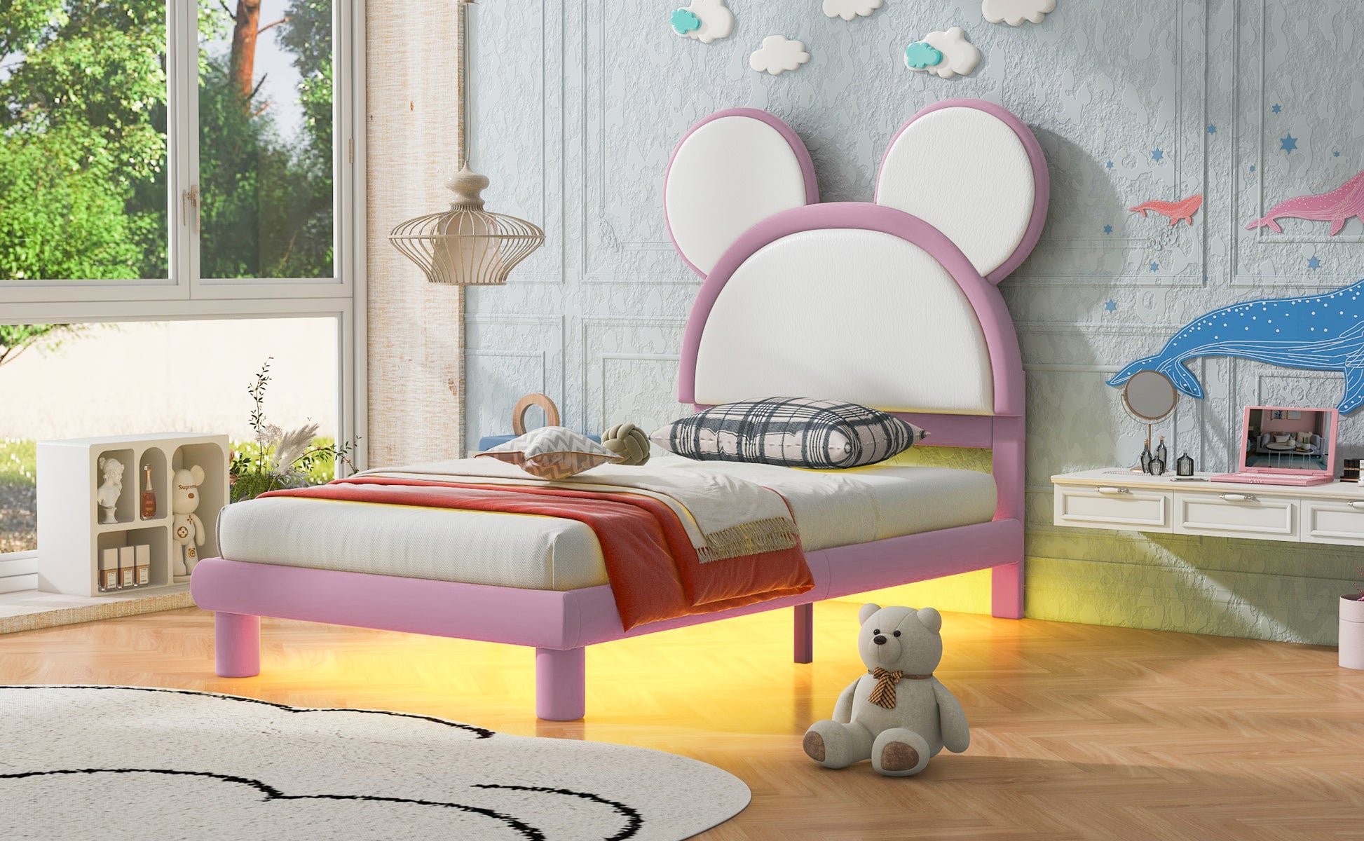 Twin Size Upholstered Platform Bed With Cartoon Ears Shaped Headboard And Led, White&Pink Box Spring Not Required Twin White Pink Bedroom Bed Frame Faux Leather Upholstered