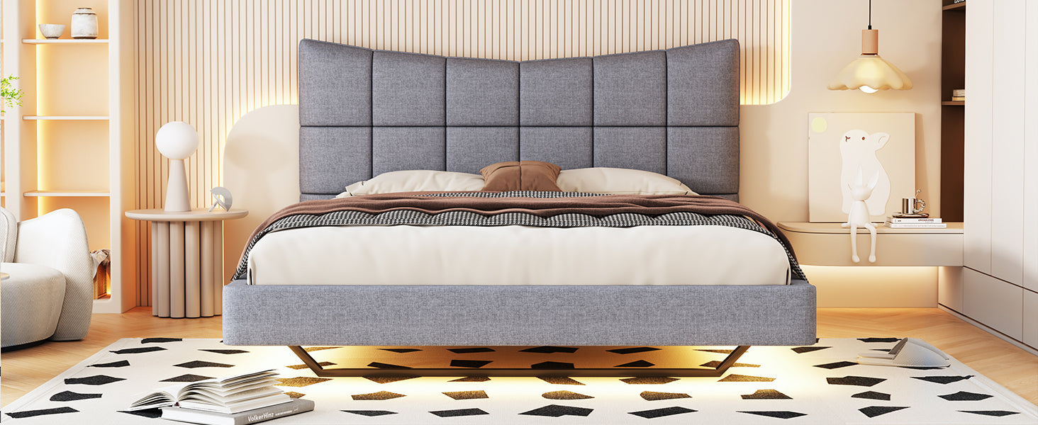 Full Size Upholstered Platform Bed With Led Lights,Usb Ports And Outlets,Linen Fabric,Gray Full Gray Wood Metal