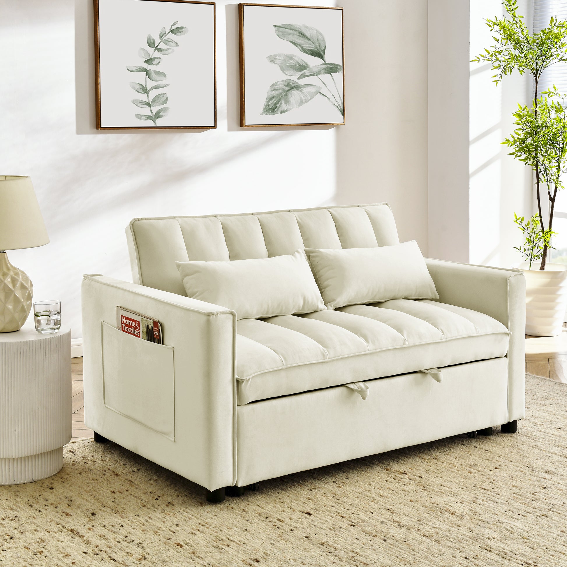 Modern Velvet Seat Sofa Couch Pull Out Bed,3 In One Convertible For Living Room Sofa Bed,Beige Beige Velvet Primary Living Space Cushion Back Medium Soft Medium Duty American Design Pillow Top Arms Foam Velvet 2 Seat