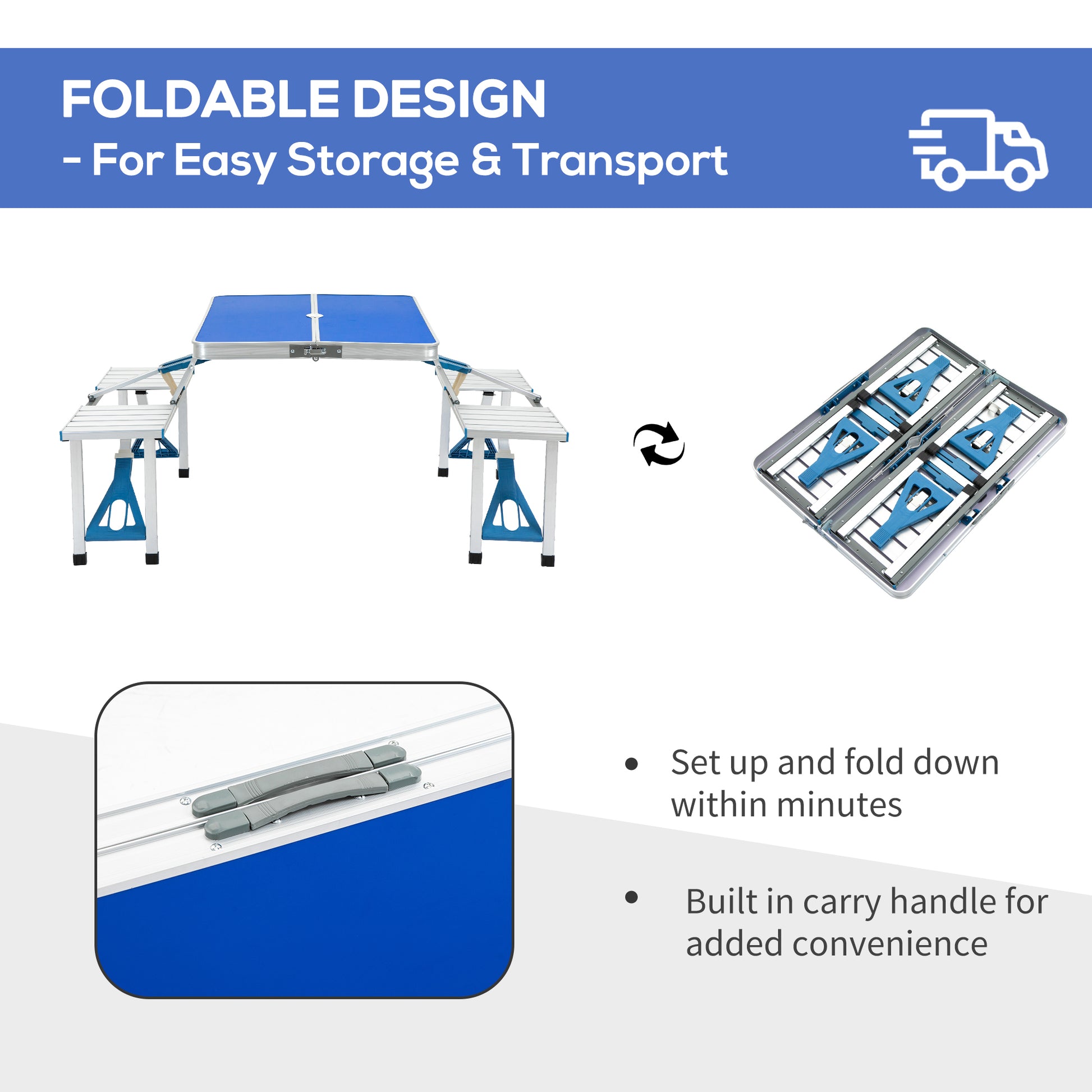 Outsunny Folding Picnic Table With Umbrella Hole, Aluminum Suitcase Portable Outdoor Table With Bench, Patio, Porch Or Camping Table And Chair Set, Ocean Blue Blue Mdf