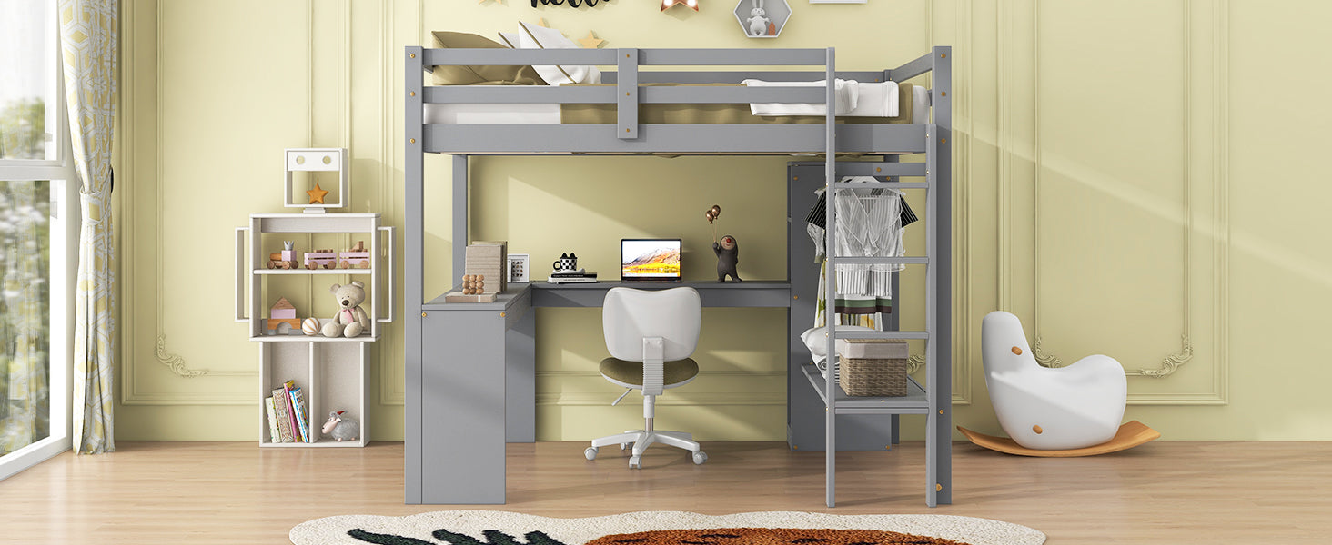 Full Size Loft Bed With L Shaped Desk, Wardrobe And Storage Shelves, Grey Box Spring Not Required Full Grey Wood Bedroom Solid Wood Mdf