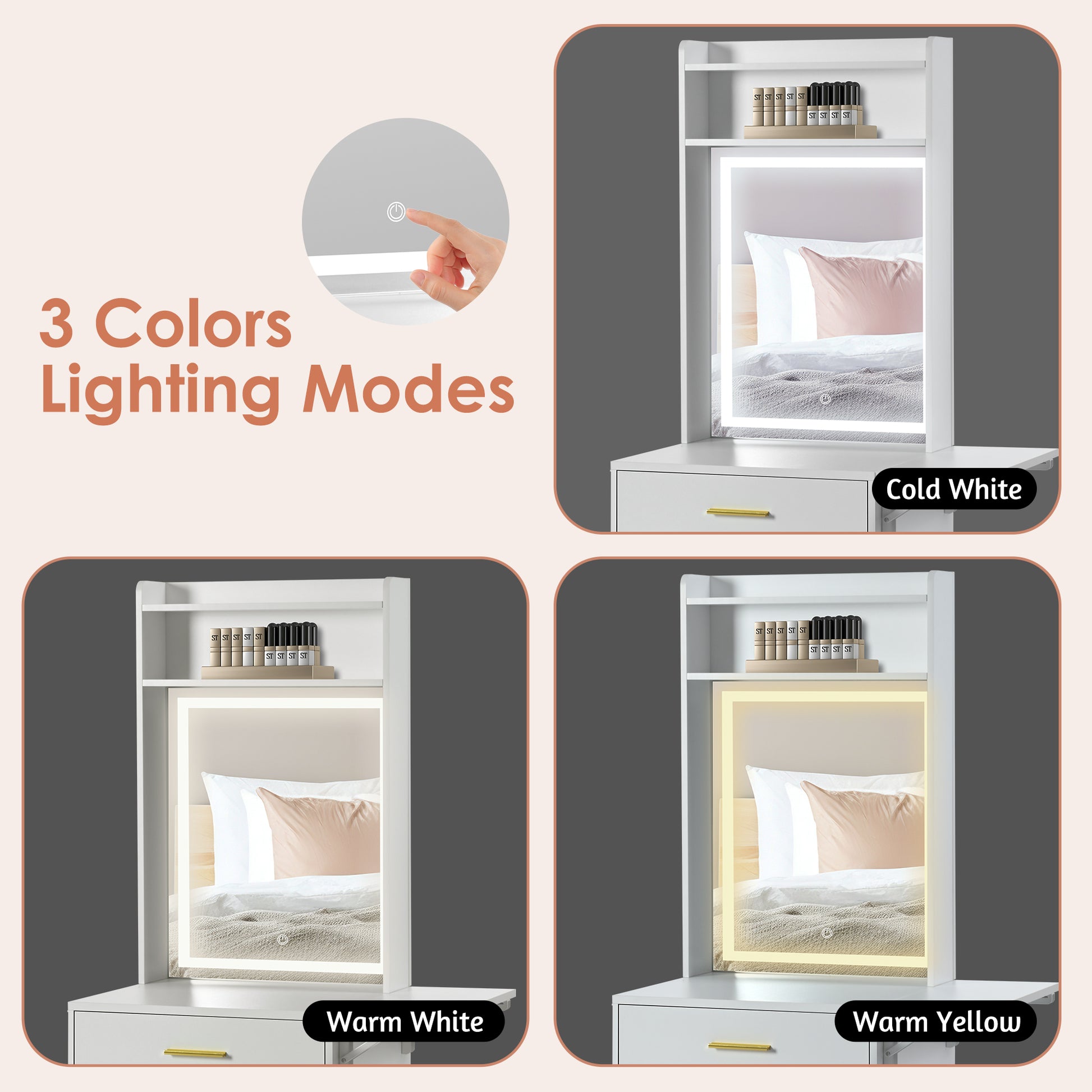 Small Vanity Desk With Mirror And Light, Dressing Table With Charging Station & Fold Up Panel For Small Space, Compact Makeup Vanity Set With Hidden Stool For Bedroom, White White Mdf,Tempered Glass