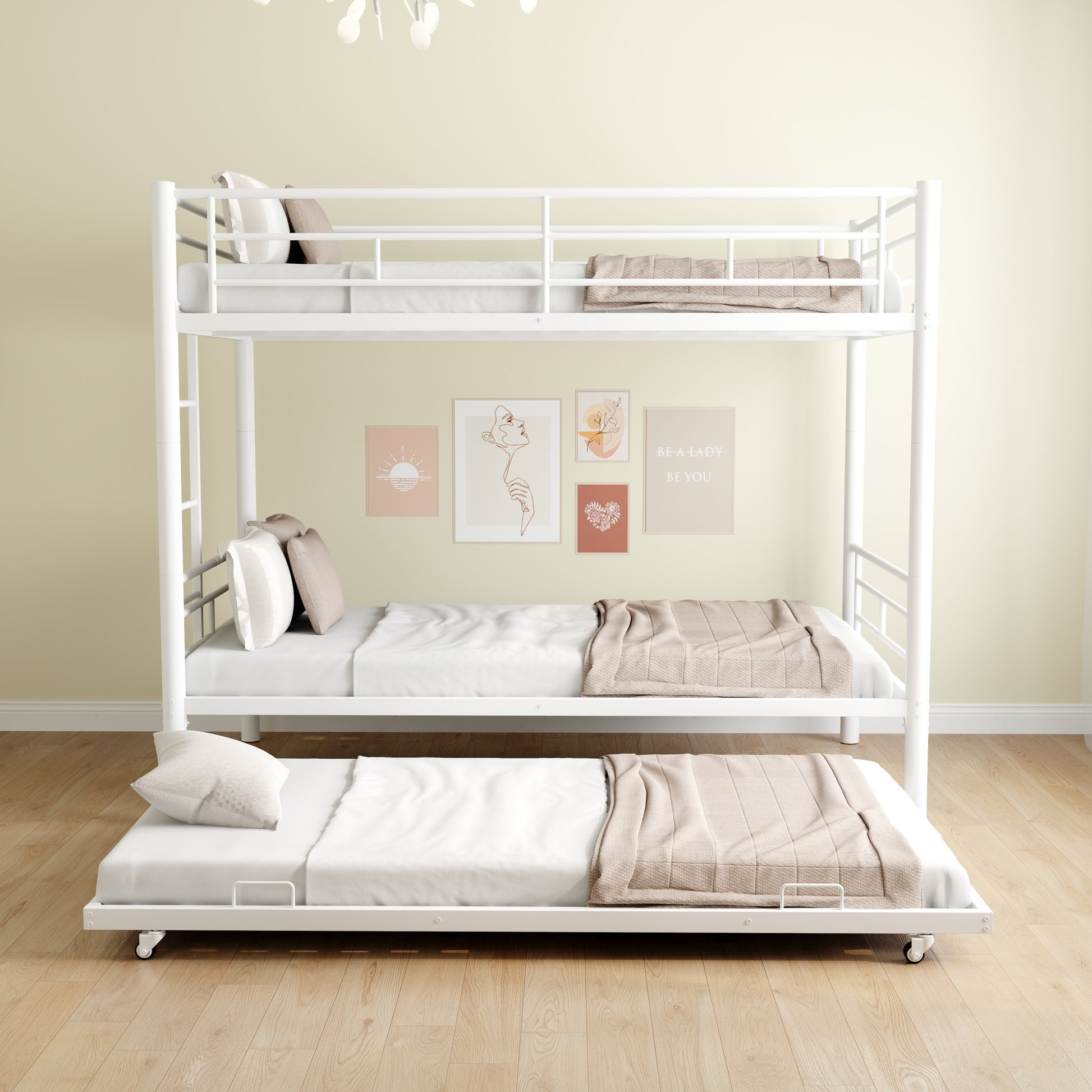 Heavy Duty Sturdy Meta Twin Over Twin With Trundle Bunk Bed L Noise Reduced Safety Guardrail No Box Spring Needed,White Box Spring Not Required Twin White Metal