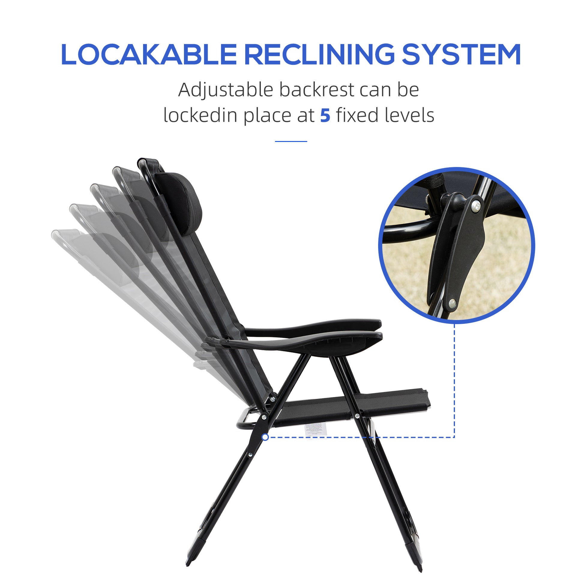 Outsunny Folding Patio Chairs Set Of 2, Outdoor Deck Chair With Adjustable Sling Back, Camping Chair With Removable Headrest For Garden, Backyard, Lawn, Black Black Fabric