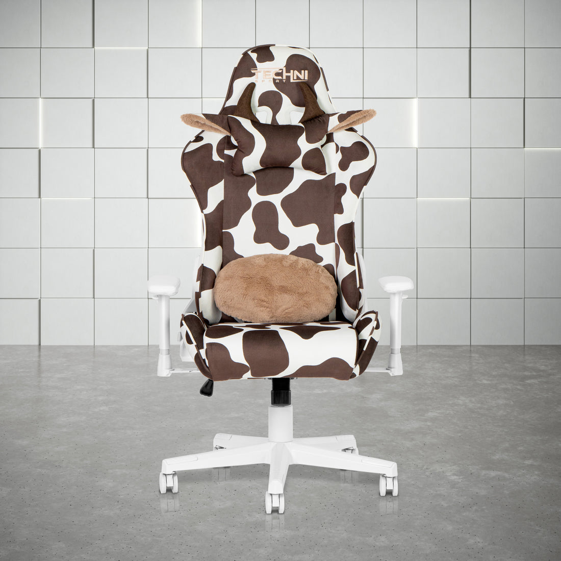 Techni Sport Ts85 Brown Cow Series Gaming Chair Caster Nylon Brown Office Spot Clean Rectangular Modern Handle Office Chairs Solid Back Fabric Metal
