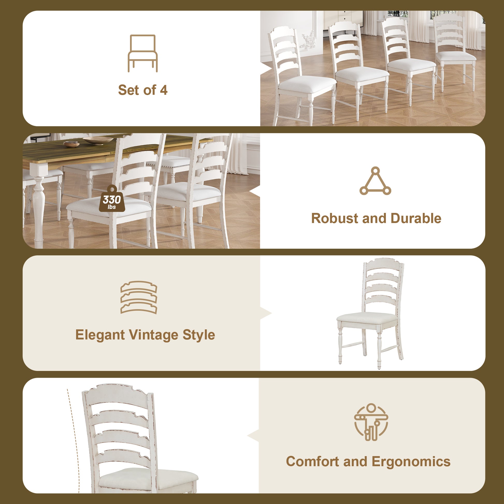 Vintage Traditional 7 Piece 82.7Inch Extendable Dining Table Set With 23.6Inch Removable Leaf, 4 Serrated Back Chairs And 2 Upholstered Back Dining Chairs For 6, Cream Brown Wood Dining Room Distressed Finish Rubberwood Rectangular Dining Table With
