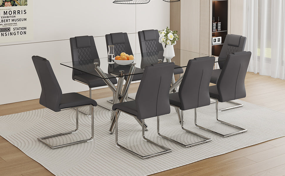 Table And Chair Set.Large Minimalist Rectangular Glass Dining Table For 6 8 With 0.39" Tempered Glass Tabletop And Silver Chrome Metal Legs.Paried With Comfortable Chairs With Pu Seats And Metal Legs. Silver Seats 8 Glass Metal