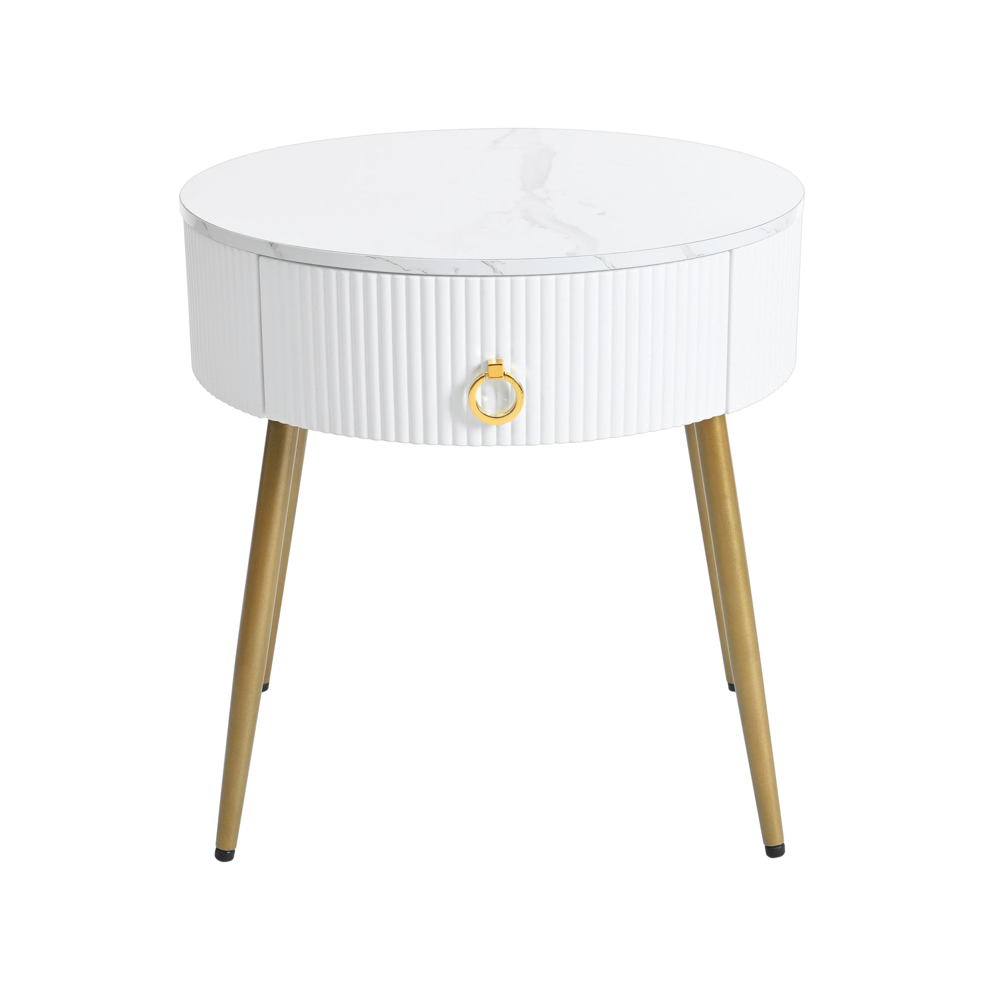19.6'' Easy Assembly End Tables With High Gloss Faux Marble Tabletops, Set Of 2, Modern Fluted 2 Side Tables With Drawers, Round Coffee Tables With Golden Legs For Living Room, White White Gold Primary Living Space Drawers Round Mdf Iron