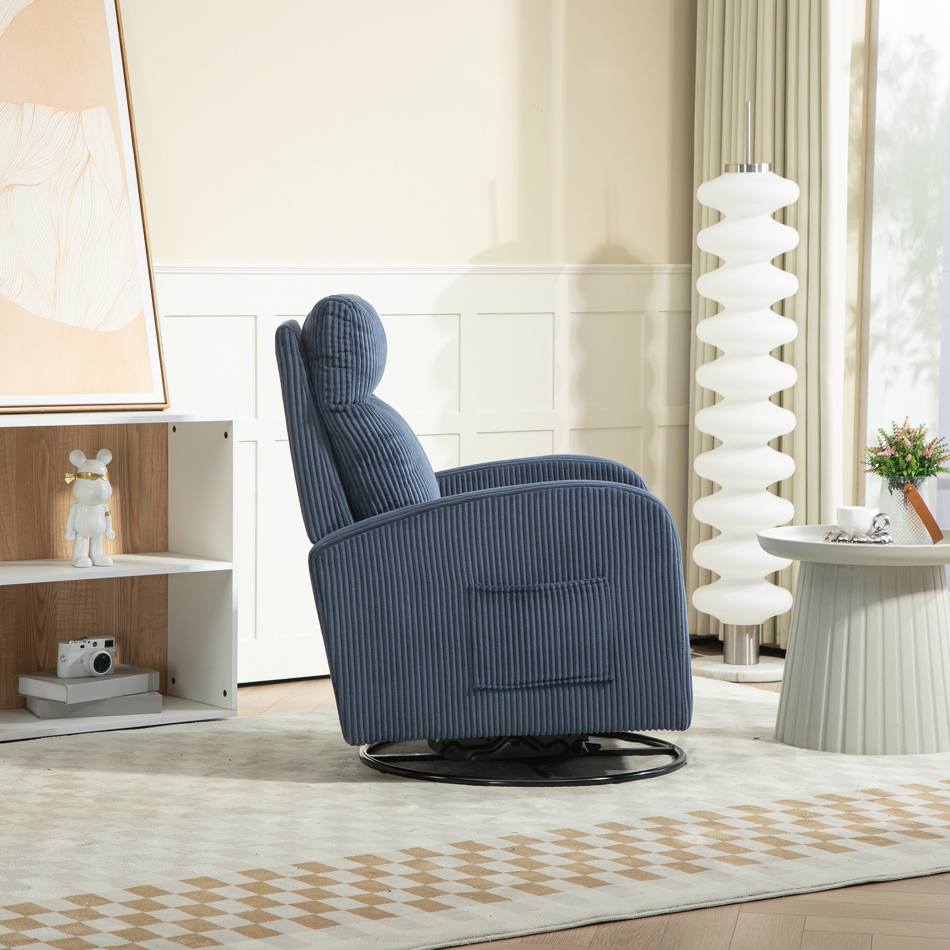 Jiada Upholstered Swivel Glider.Flannel Fabric.Rocking Chair For Nursery In Navy Blue.Modern Style One Left Bag Navy Blue Primary Living Space Foam Fabric Metal