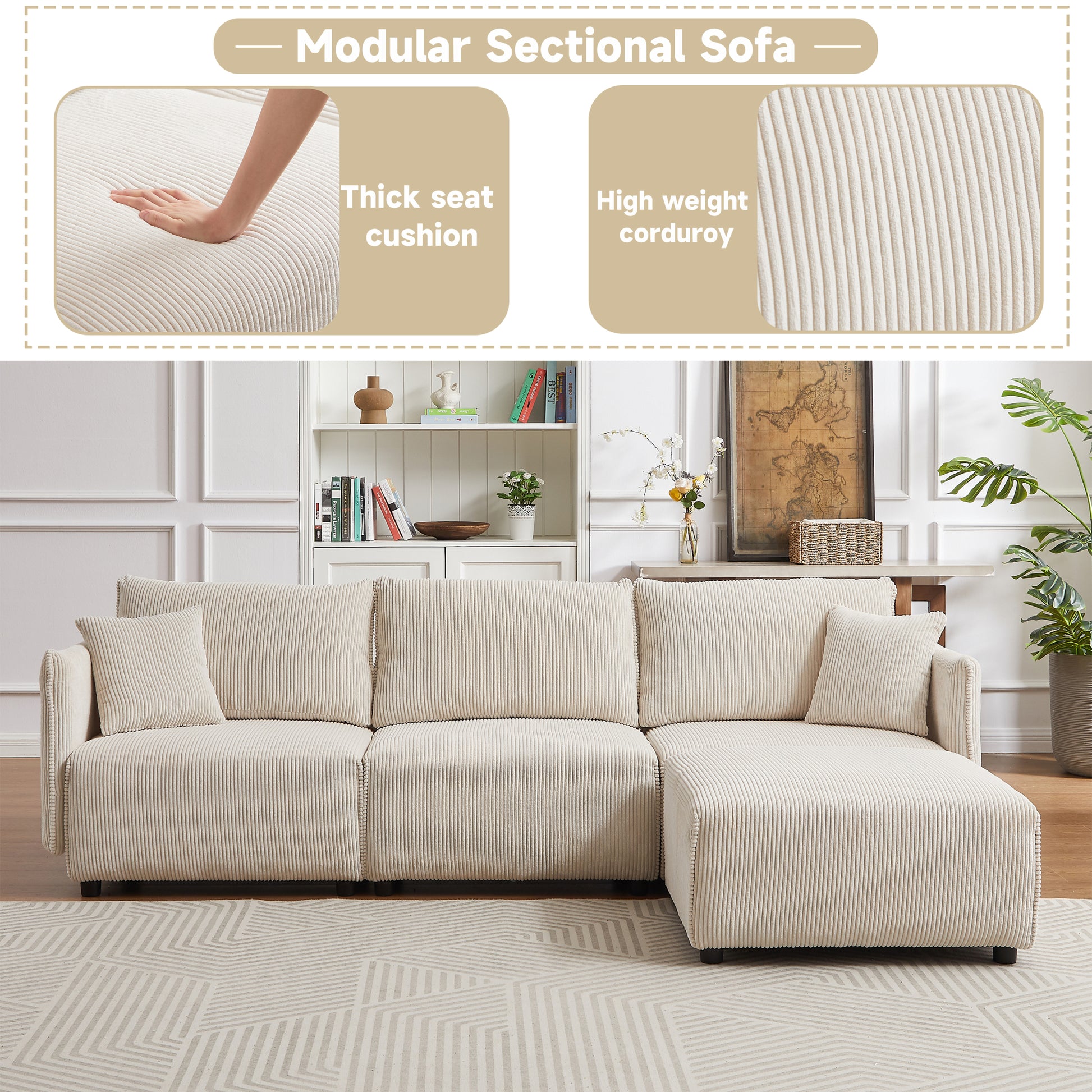 106" Multi Module Combination Style Sofa For Living Room, Bedroom And Other Lounge Spaces, Modern Minimalist Corduroy Combination Sofa With 2 Comfort Cushions With Usb & C Charging Ports,Beige Beige Foam Fabric 4 Seat