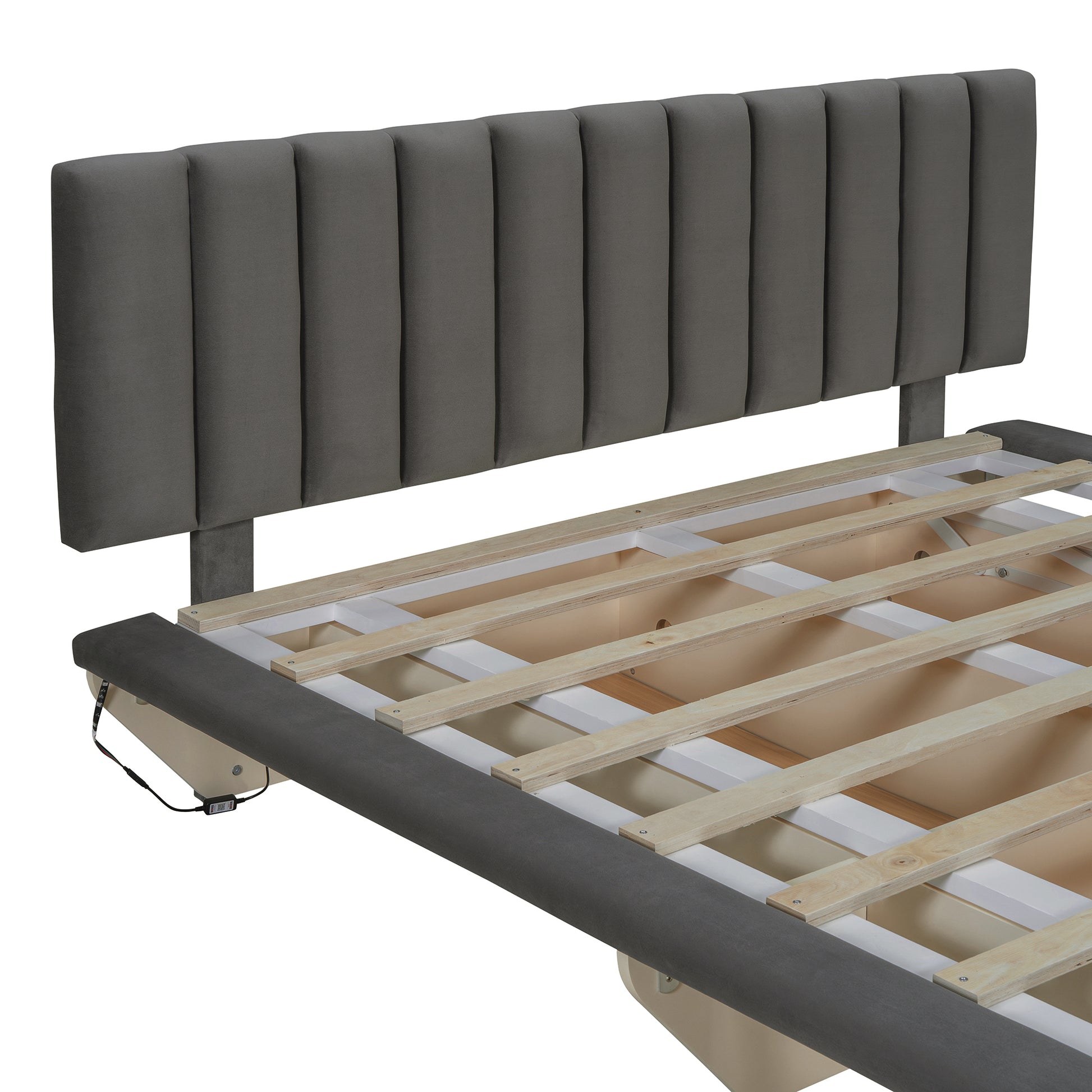 Queen Size Upholstered Floating Bed With Led Light And Usb Port, Velvet, Gray, Hydrualic Platform Bed Queen Gray Velvet