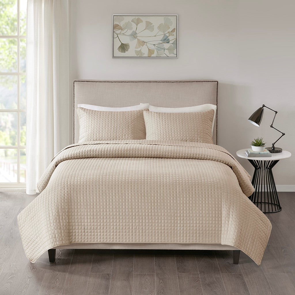 3 Piece Reversible Quilt Set Khaki Full Queen Khaki Polyester