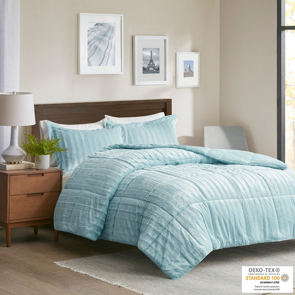 Faux Fur Comforter Mini Set King Teal Blue Polyester