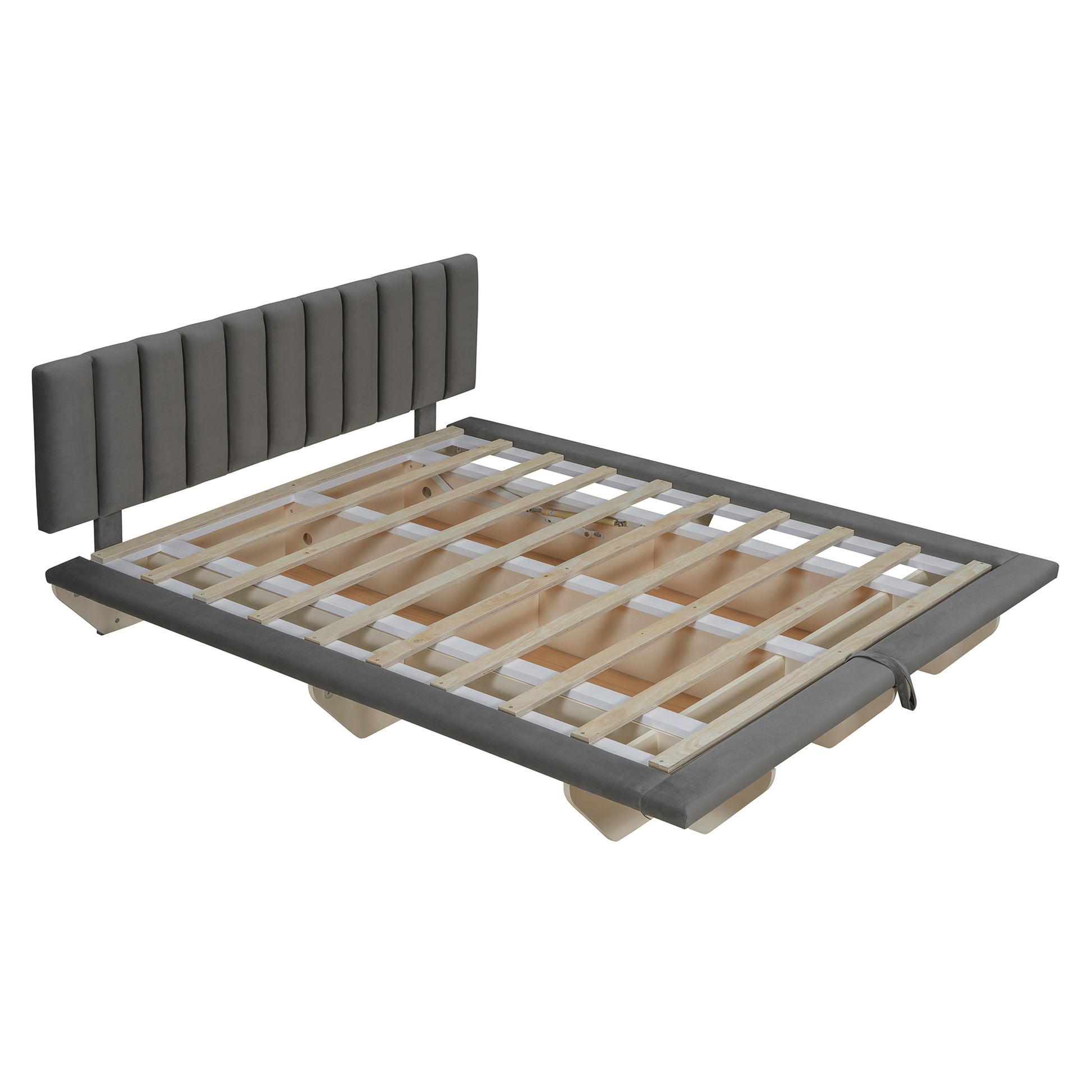 Queen Size Upholstered Floating Bed With Led Light And Usb Port, Velvet, Gray, Hydrualic Platform Bed Queen Gray Velvet