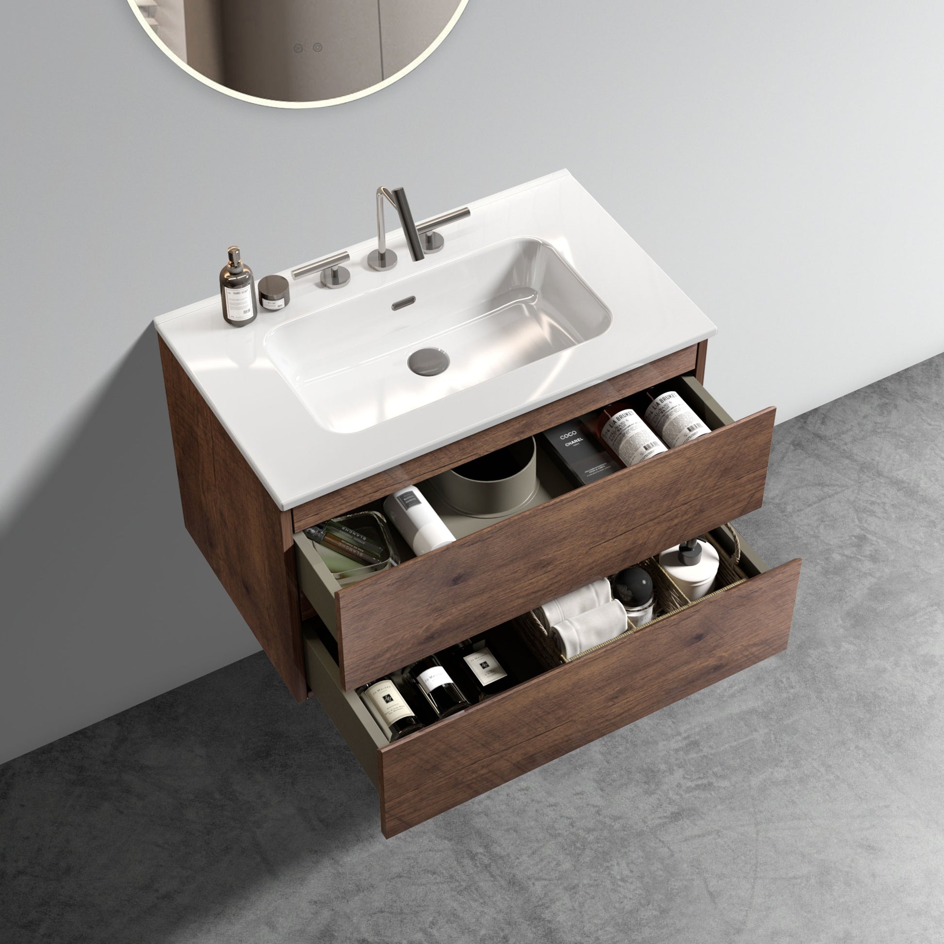 Wall Mount 30" Walnut Bathroom Vanity With Ceramic Sink With Three Faucet Holes, Large Storage Floating Bathroom Vanity For Modern Bathroom, One Piece Sink Basin Without Drain, Pre Assembled Walnut Bathroom Modern Ceramic Mdf