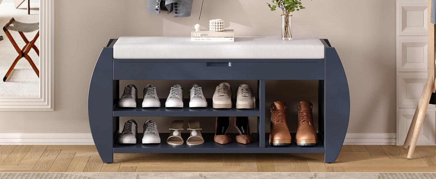 Retro Multifunctional Storage Bench With Cushion And Curved Side Panel For Entrance And Living Room Antique Navy Antique Navy Mdf