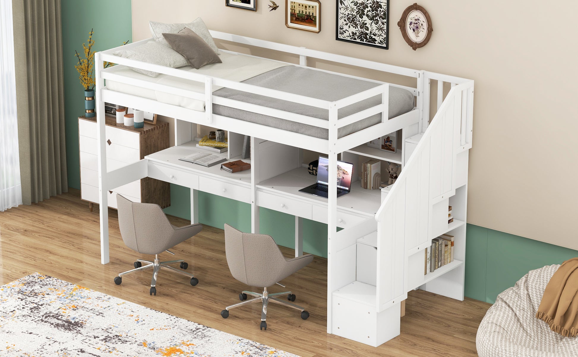 Twin Size Loft Bed Frame With Storage Staircase And Double Desks And Shelves,White Twin White Solid Wood Mdf