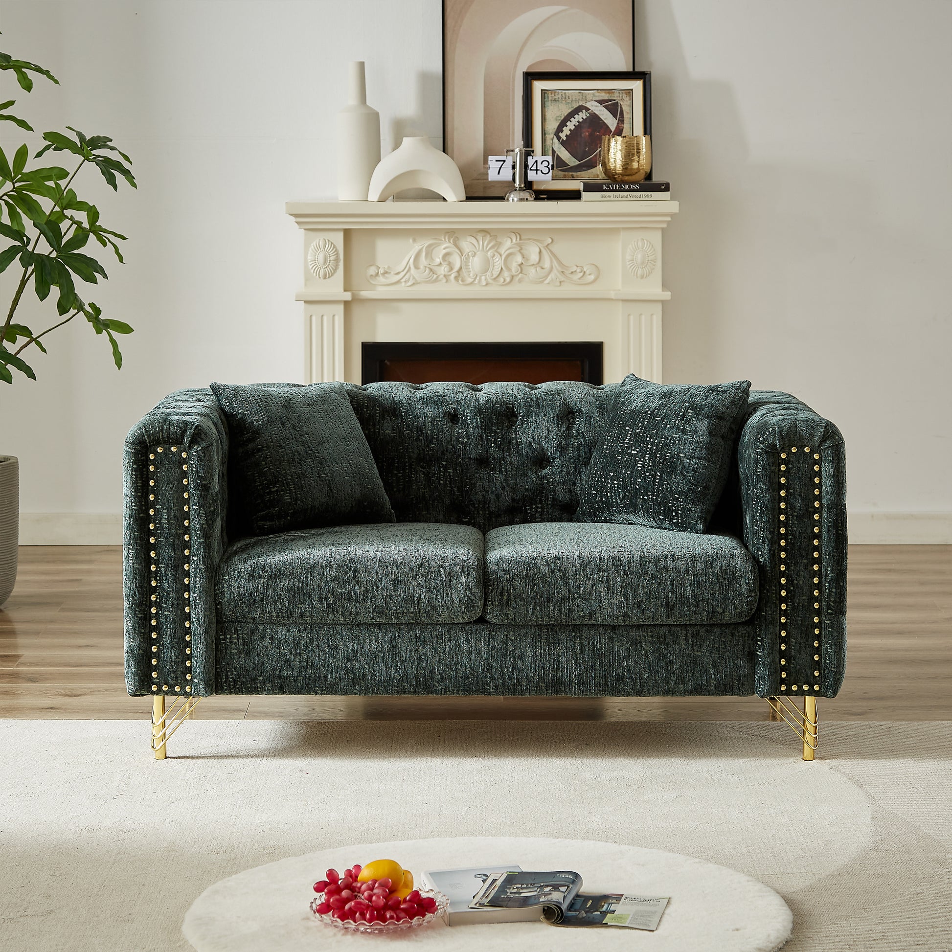60 Inch Chenille Pull Buckle Design Sofa For Living Room,Buttons Tufted With Copper Nail Decoration Armrest, Modern Couch Upholstered Button And Metal Legs Green Foam Chenille 2 Seat
