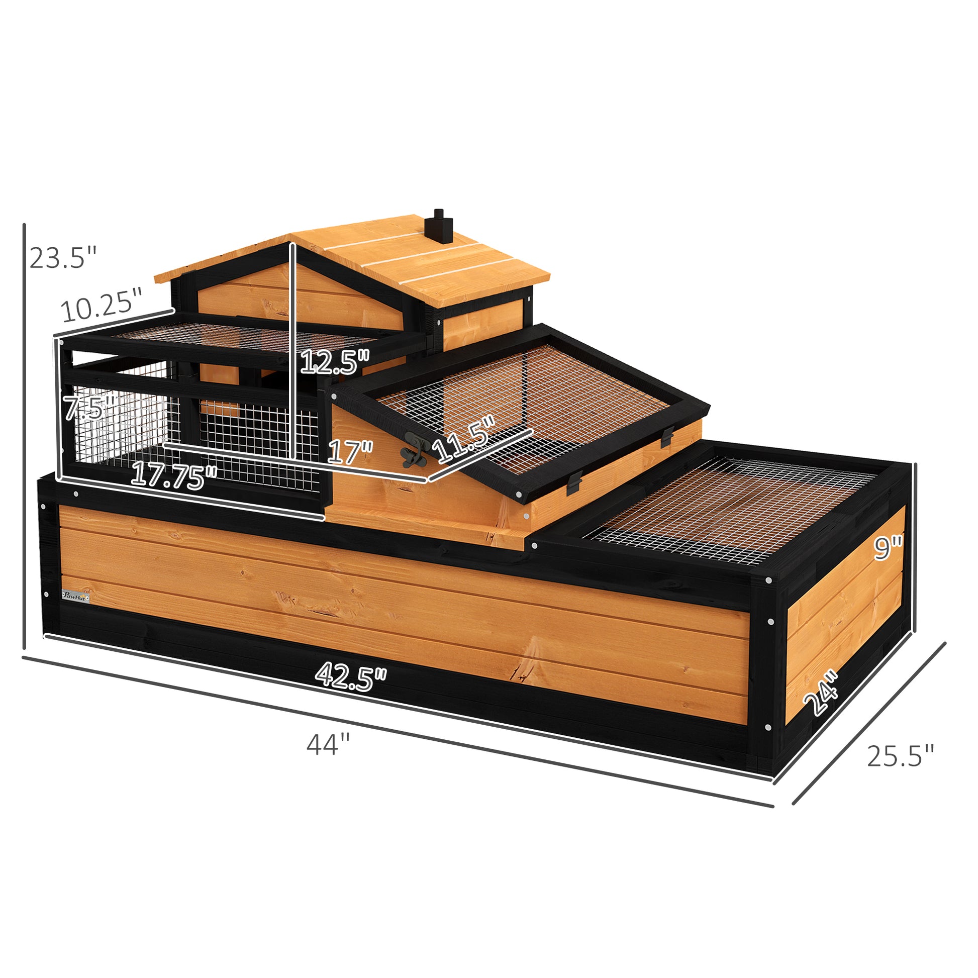 Pawhut 3 Room Tortoise House Habitat With Balcony & 2 Stories, Indoor Outdoor Wooden Tortoise Enclosure With Ladder, Tray, Openable Roof, Large Reptile Cage, 44" X 25.5" X 23", Yellow Yellow Wood