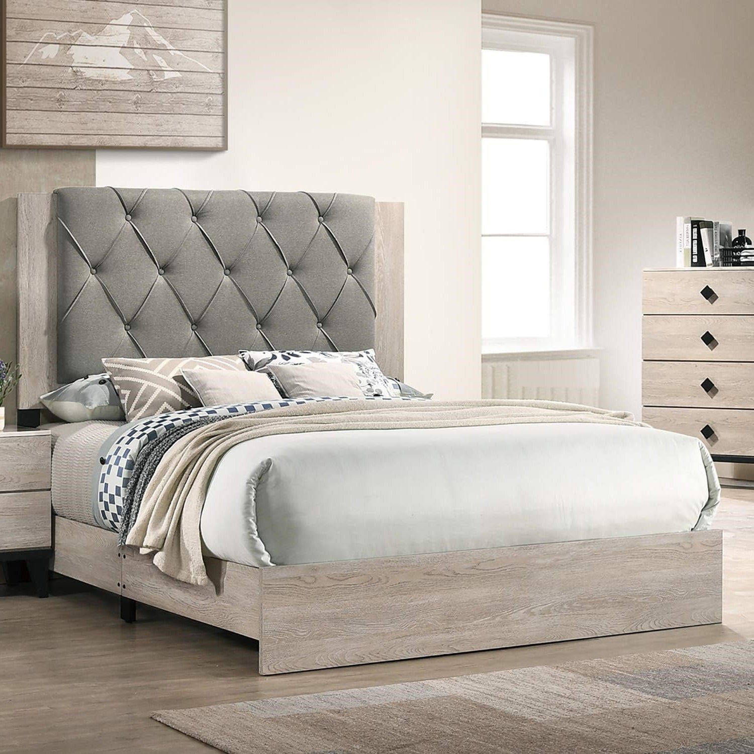 Contemporary 1Pc Cream Finish Queen Size Bed Bedroom Furniture Gray Tufted Design Headboard Rubberwood 1Pc Bedframe Box Spring Required Queen Cream Grey Wood Bedroom