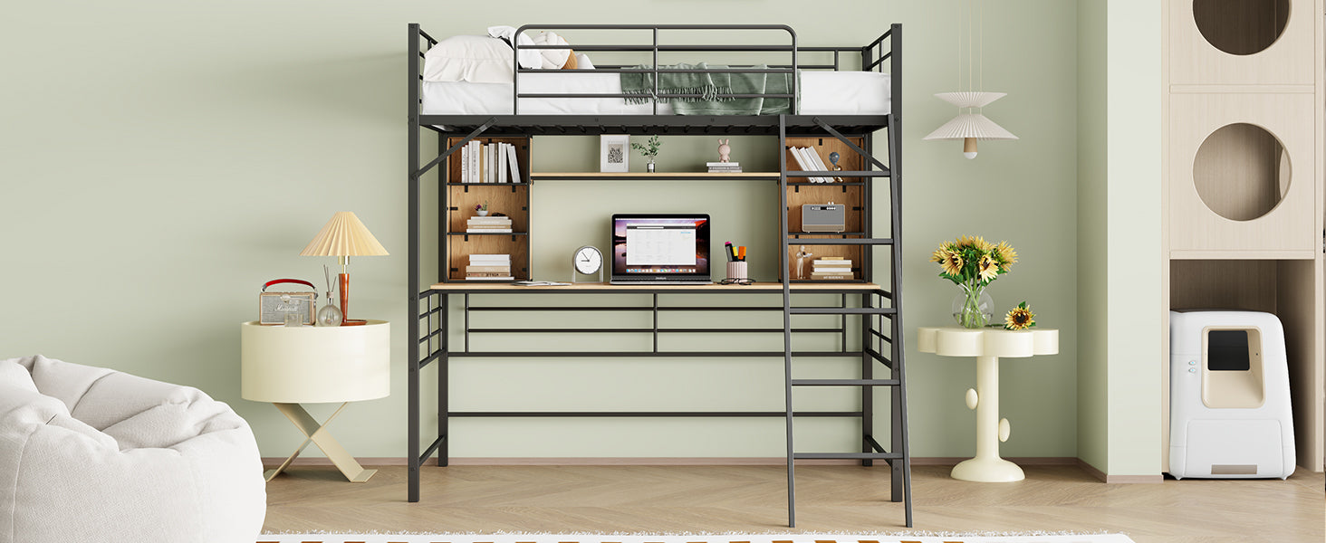 Twin Size Loft Bed With Desk And Shelfloft Bed With Ladder,Twin,Black Twin Black Metal