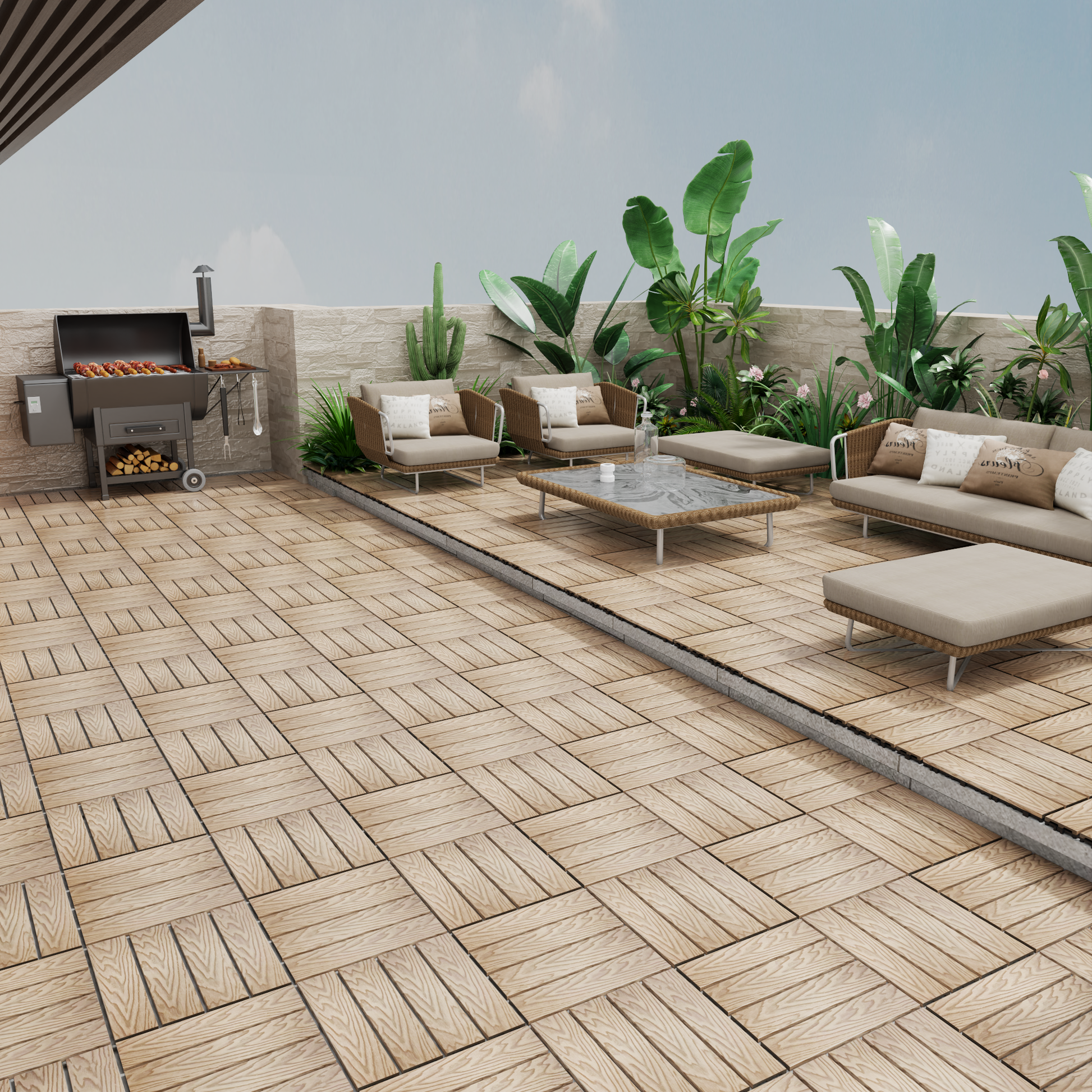 Patio Floor Tiles Pack Of 22 Wpc Wood Plastic Composite Patio Deck Tiles Diy Interlocking Decking Tiles, Quick Deck Floor Tile, Court Tile, Water Resistant Indoor Outdoor 11.8" 3D Teak Teak Plastic