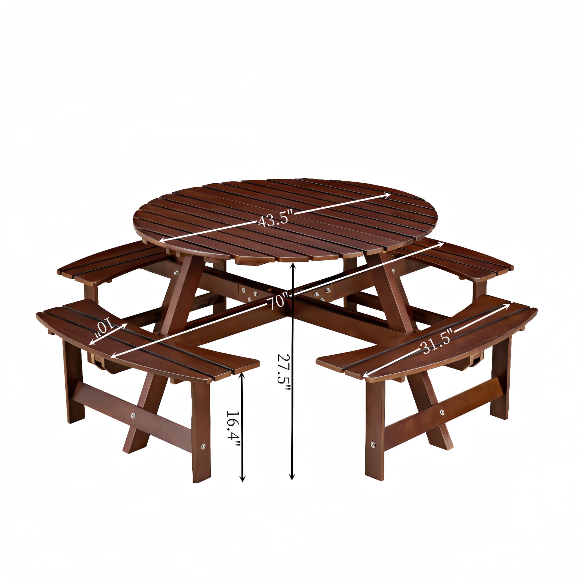 Outdoor 8 Person Picnic Table, 8 Person Round Picnic Table With 4 Built In Benches, Umbrella Hole, Outside Table And Bench Set For Garden, Backyard, Porch, Patio, Brown Brown Wood Metal