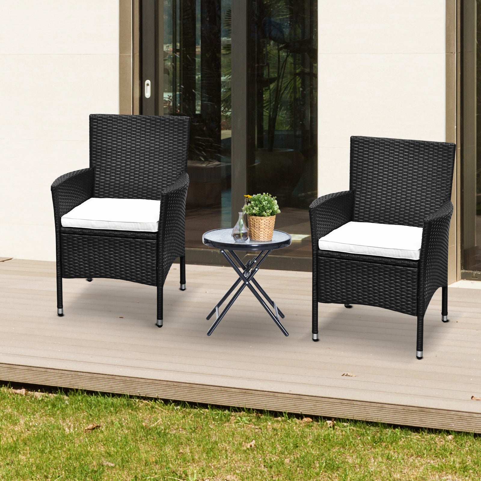 Outsunny 2 Pcs Rattan Wicker Dining Chairs With Cushions And Anti Slip Foot, Patio Stackable Chairs Set For Backyard, Garden, Lawn, Dark Coffee Black Rattan Metal