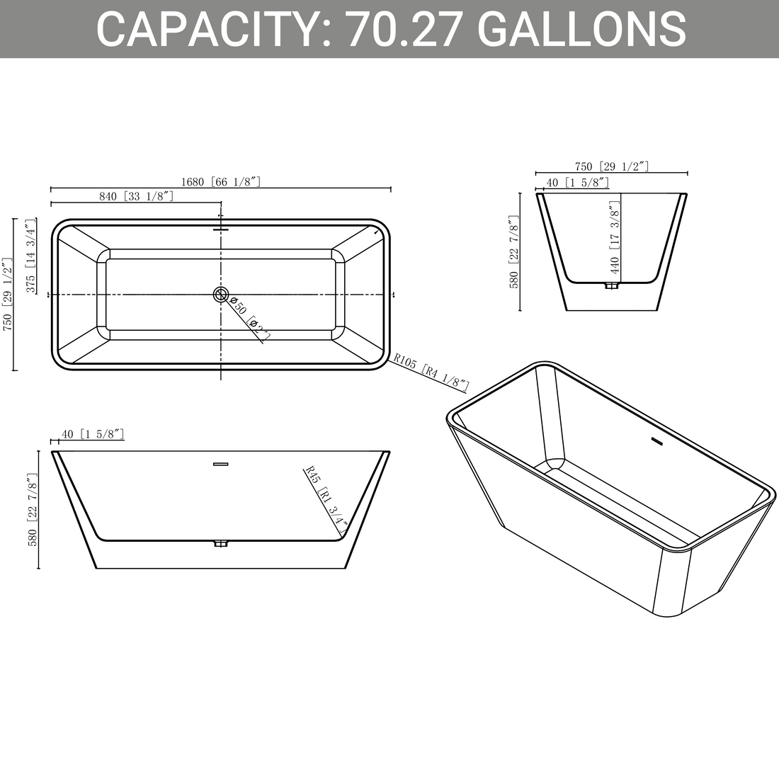 67" X 30" Acrylic Rectangular Freestanding Bathtub, Contemporary Soaking White Tub With Brushed Nickel Overflow And Pop Up Drain, Cupc Certified, Glossy White Yy032 168 66 W S Gloss White Rectangle